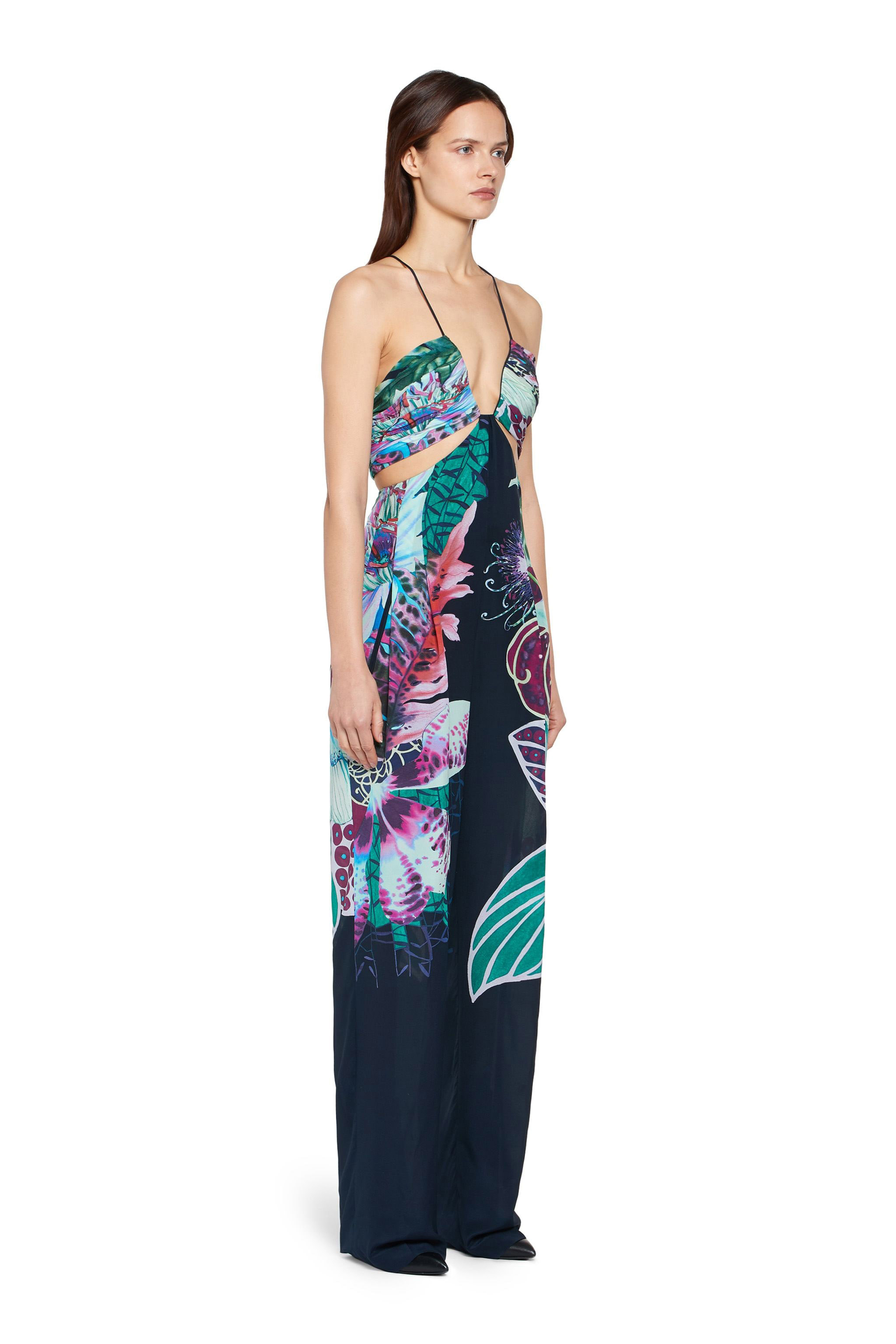 Roberto Cavalli Exotic Flora Print Silk Jumpsuit In Dark Blue