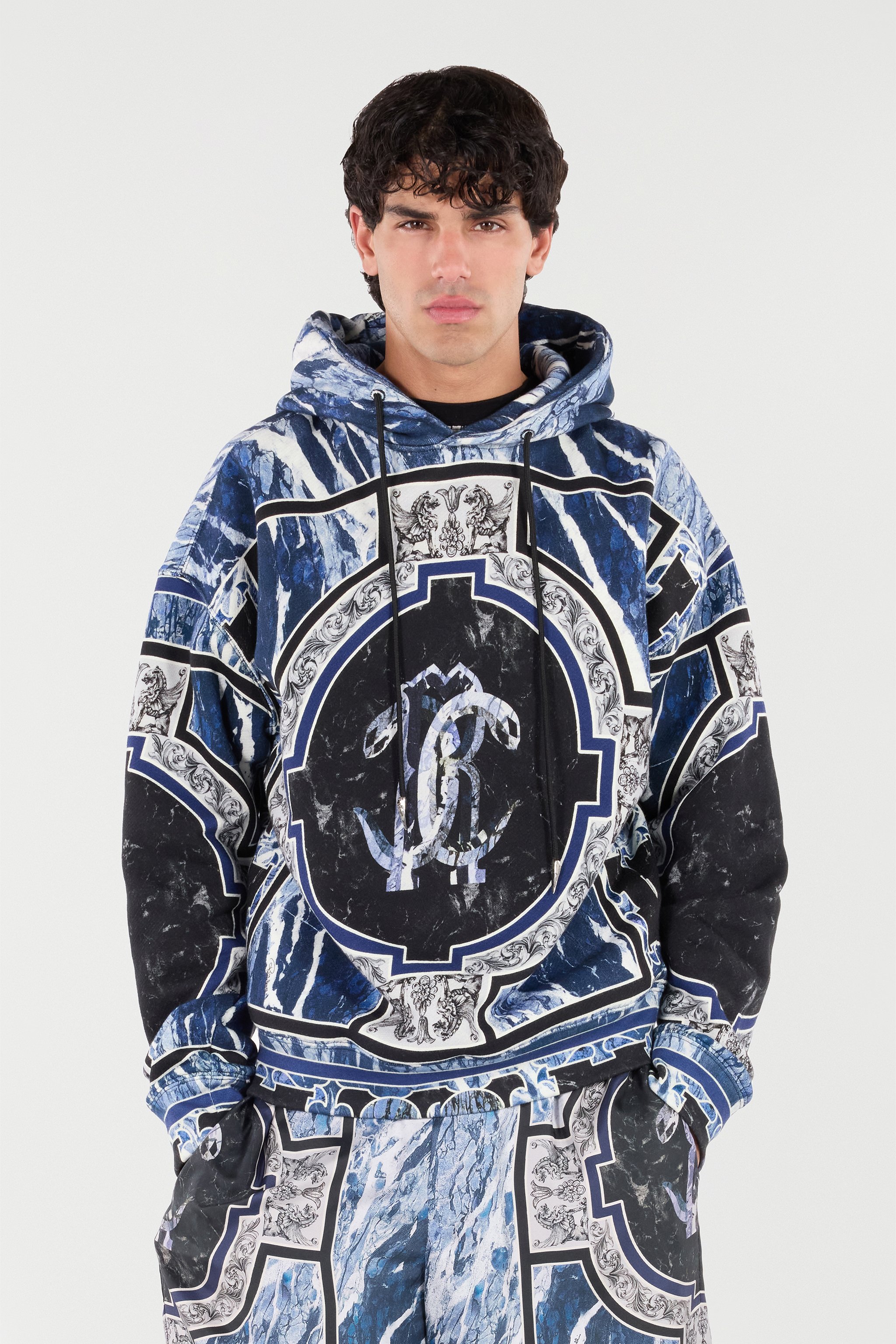 Roberto Cavalli Sweatshirt With Marble Print And Embellishments In Blue