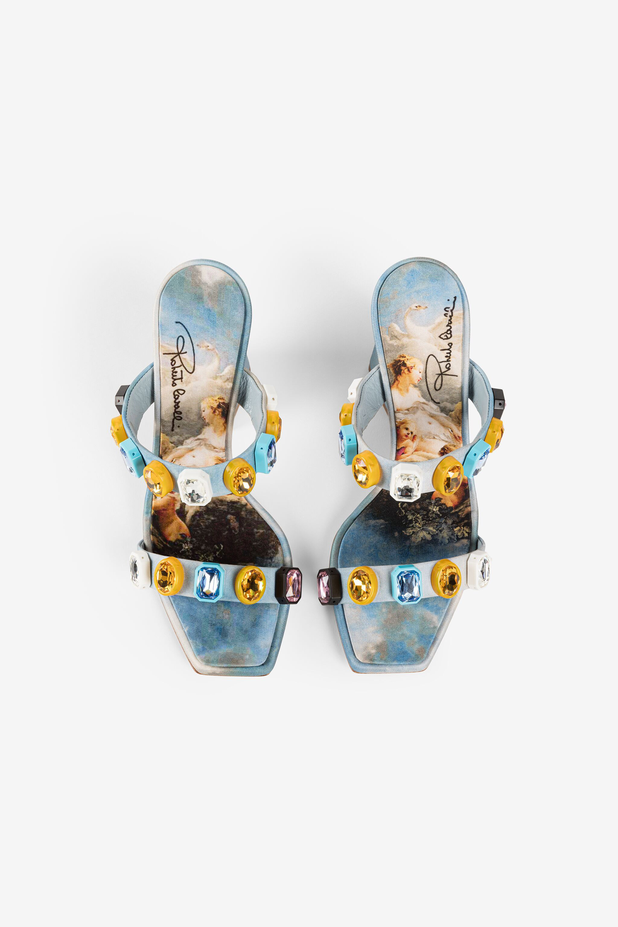 Roberto Cavalli Crystal-embellished Graphic-print Sandals In Light Blue