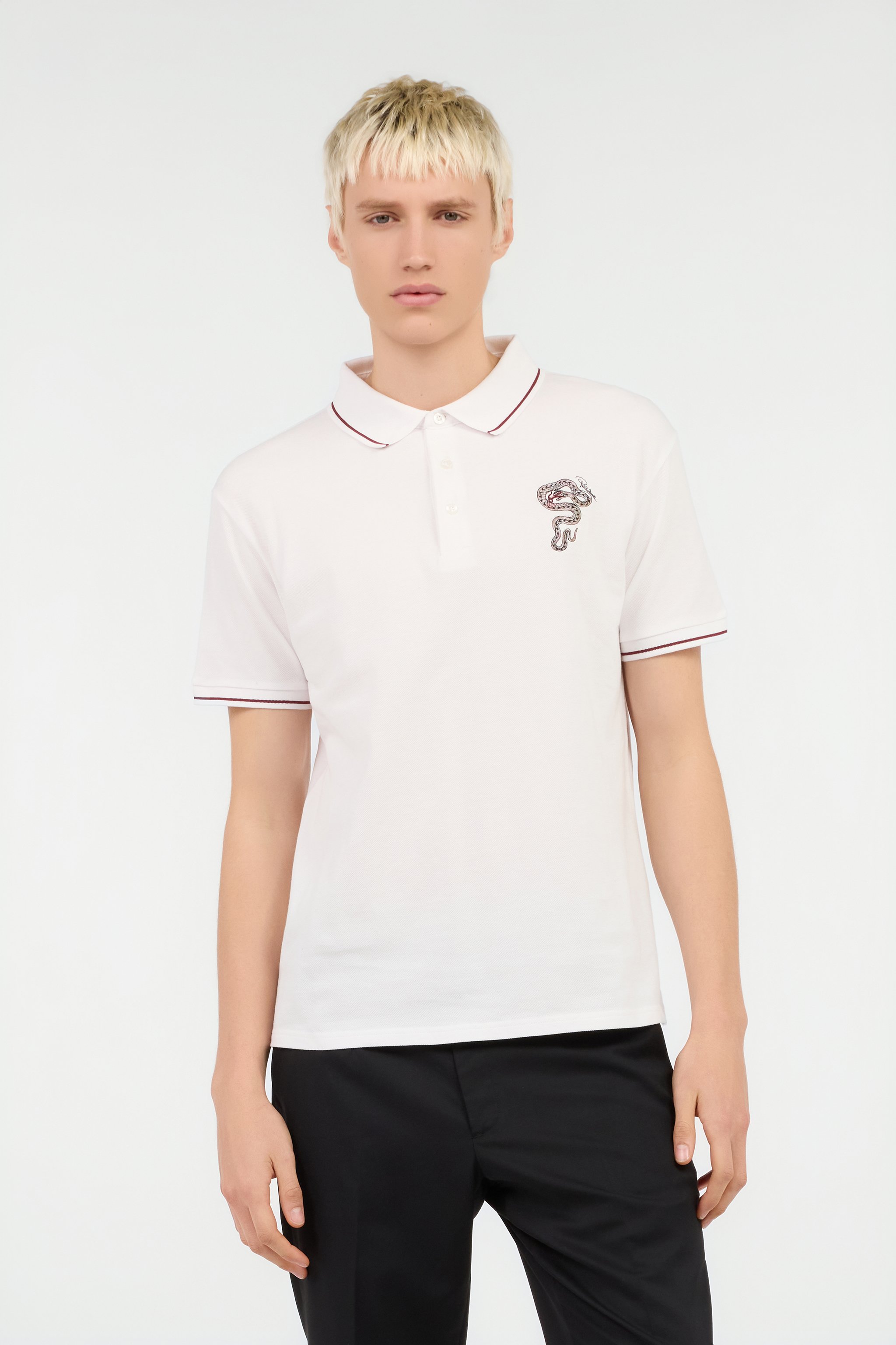 White Cotton Polo With Embroidered Snake