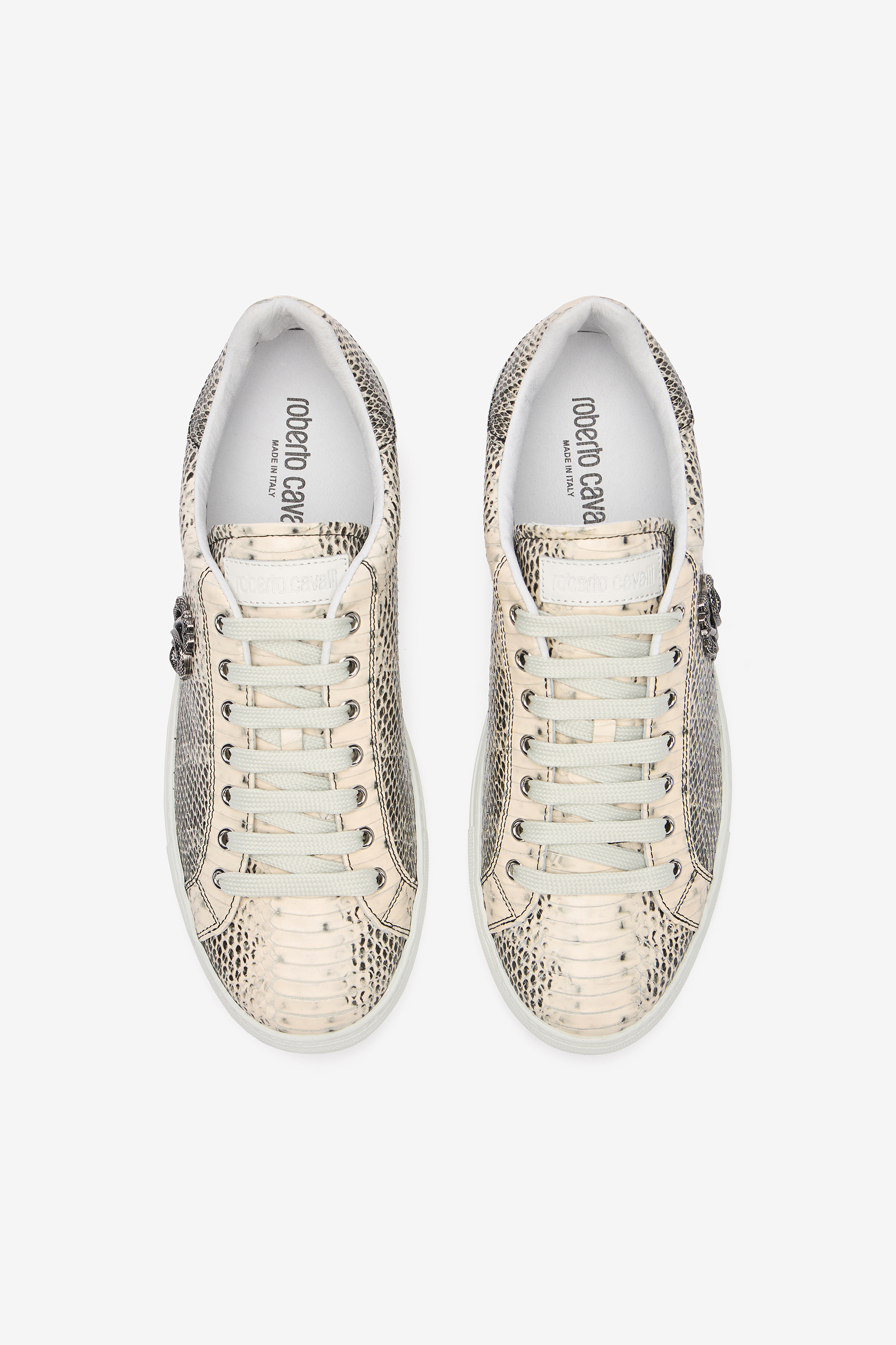 Roberto Cavalli Sneakers With Cobra Print In Ivory