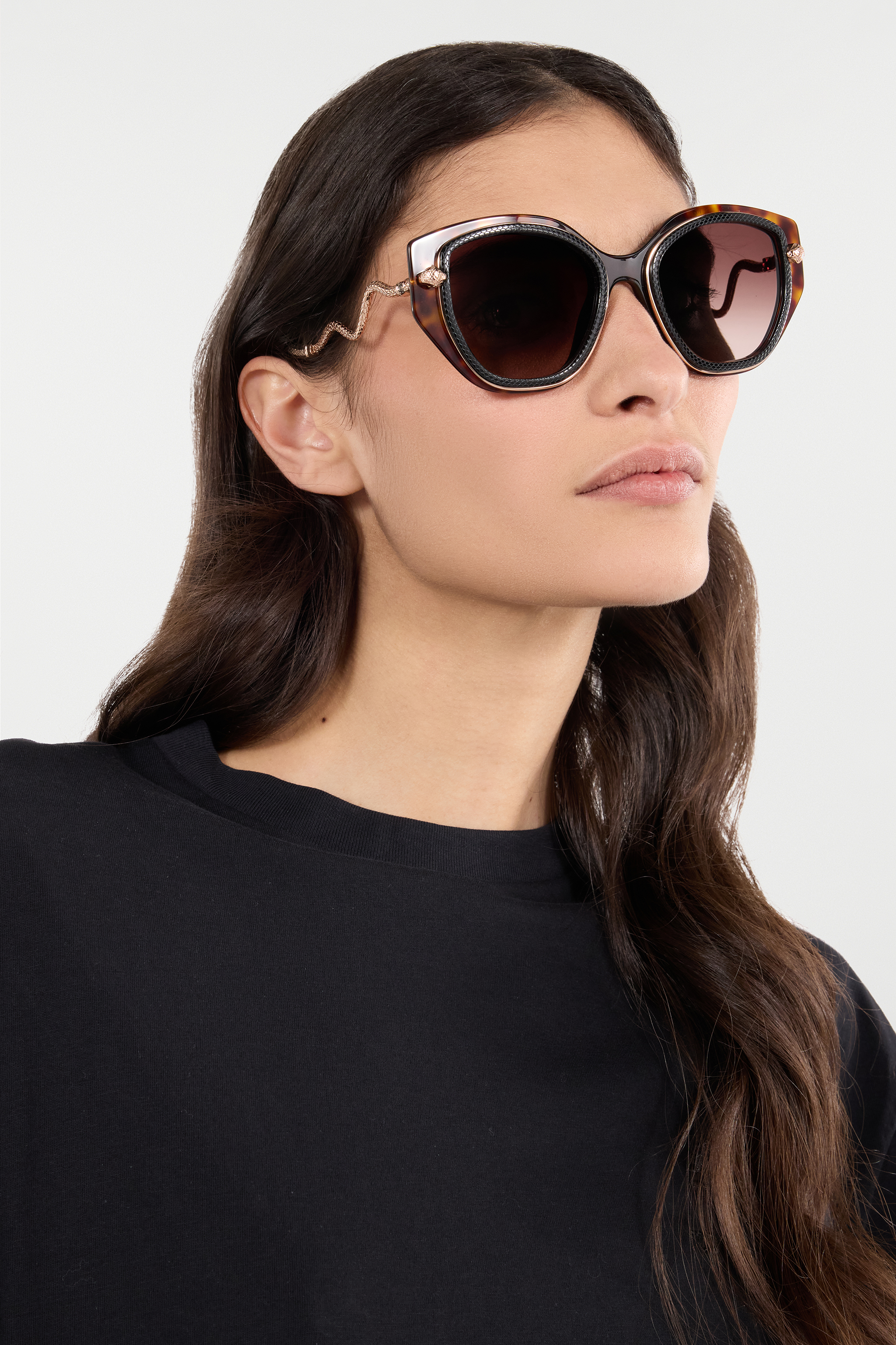  Roberto Cavalli Wide And Feminine Front Sunglasses With Double Ring Decoration - Female Eyewear Black Top+havana Unica 