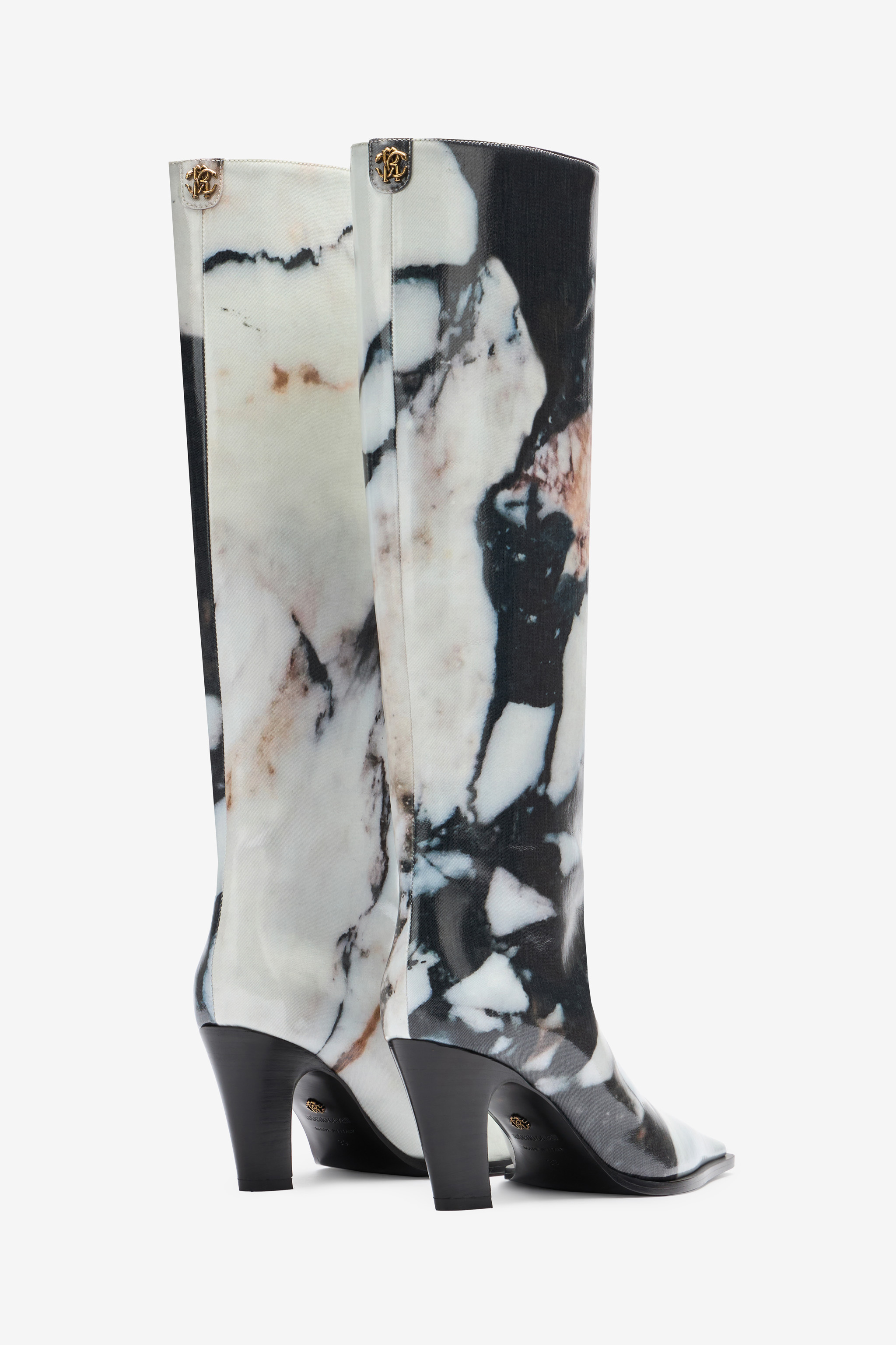Roberto Cavalli Knee-high Boots With Marble Print In Black/white