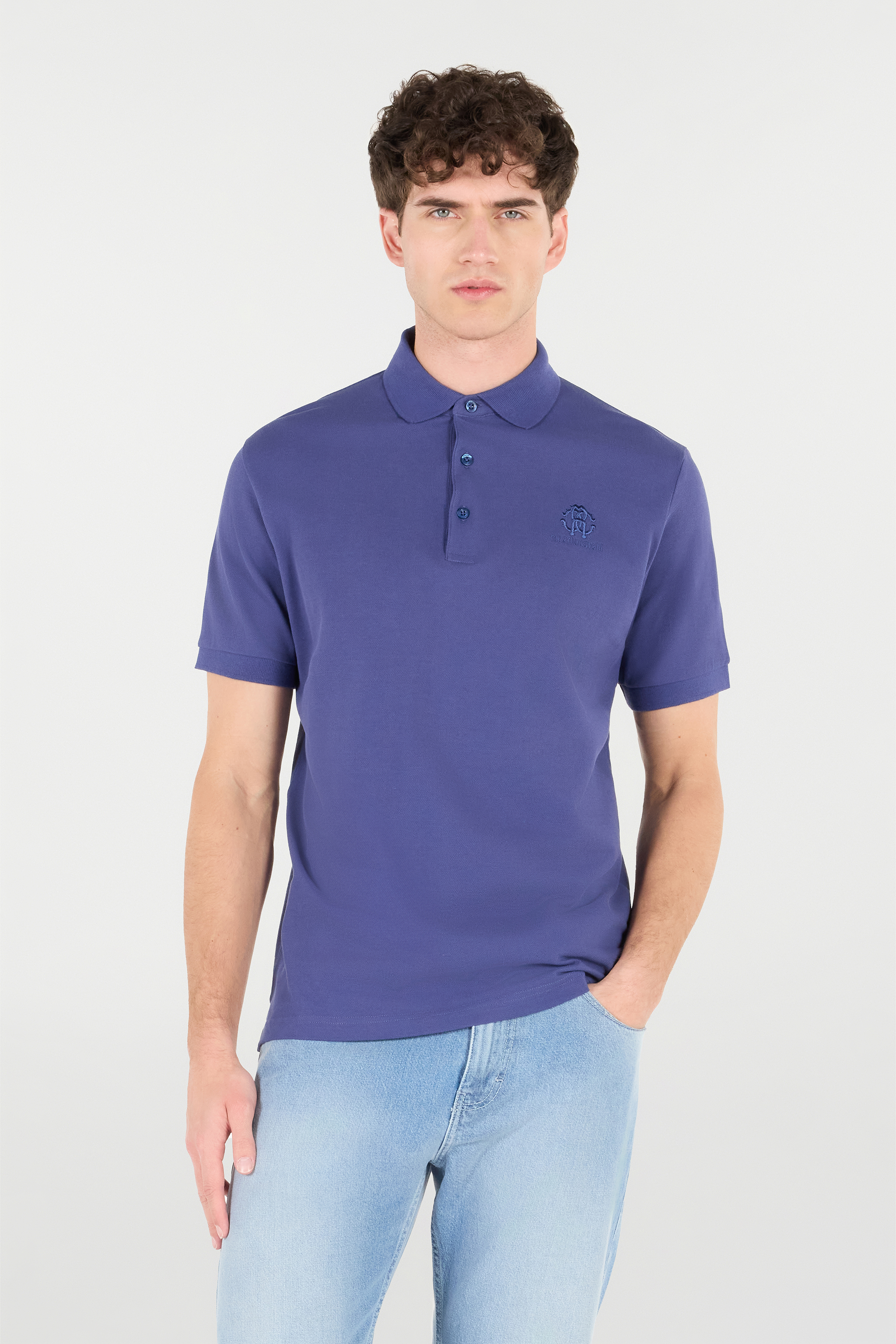 Roberto Cavalli Polo Shirt With Monogram Rc Embroidery And Logo In Navy