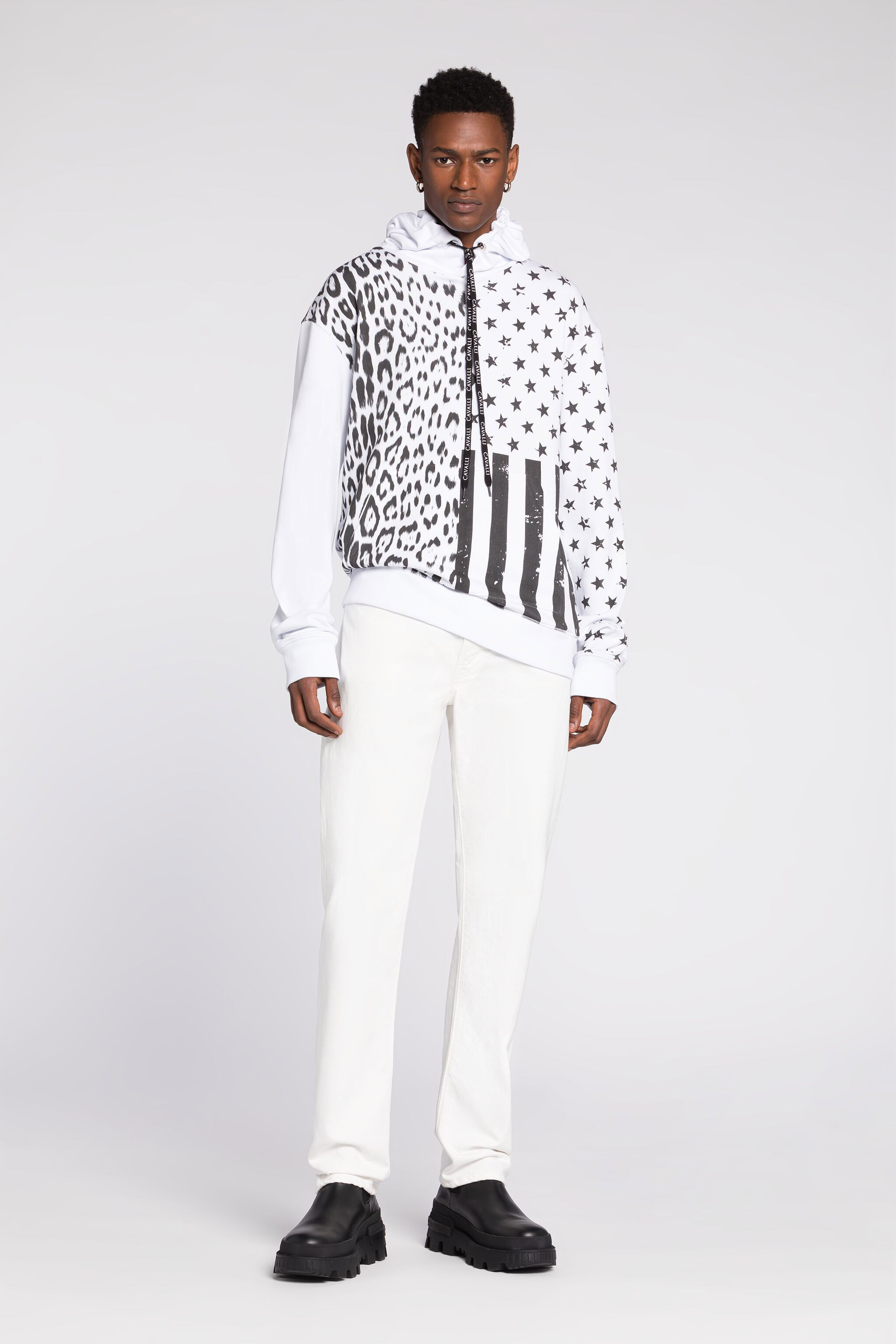 Roberto Cavalli Man Sweatshirt White Size Xxl Cotton In Black/white