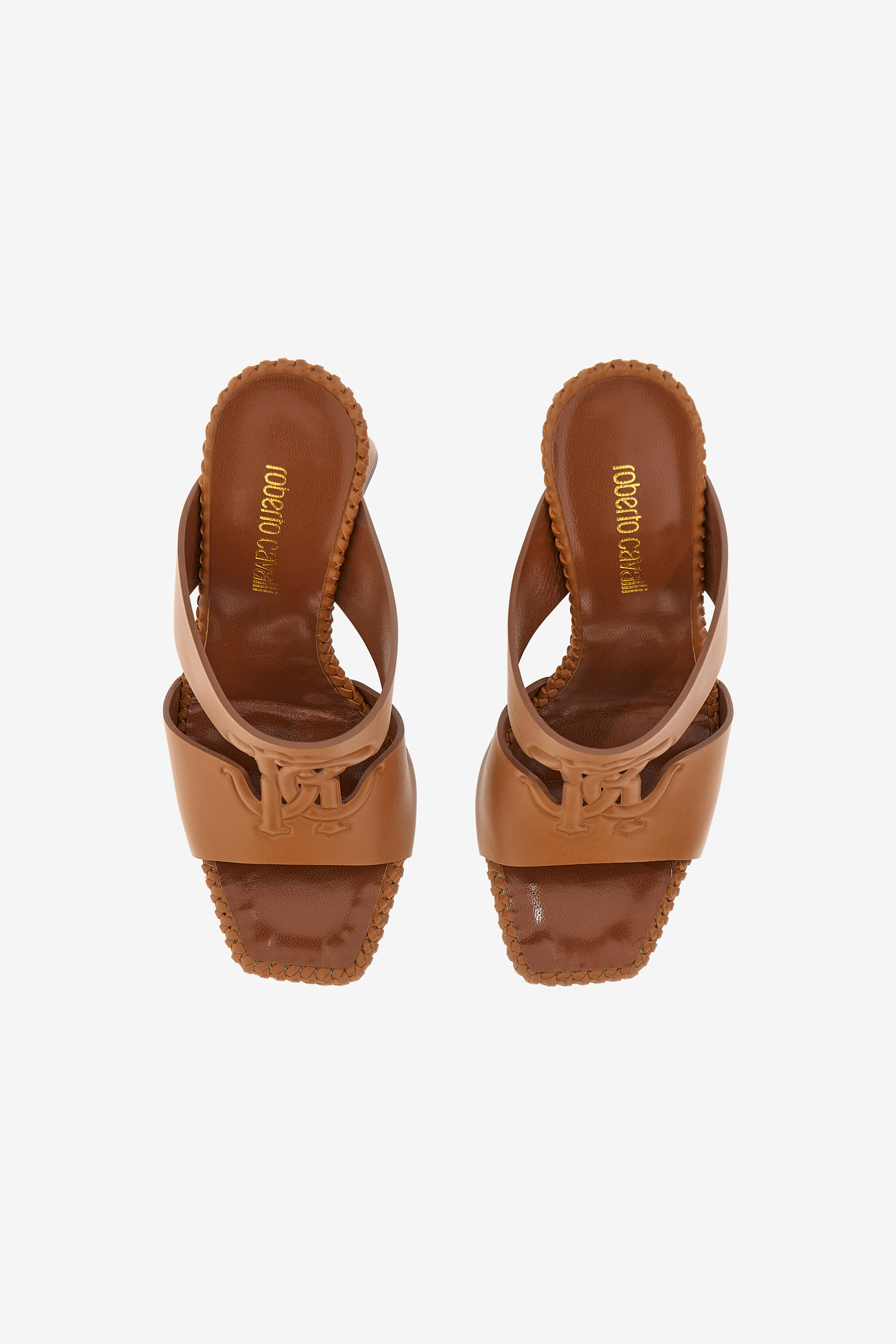 Shop Roberto Cavalli Sandals With Monogram Mirror Snake In Brown