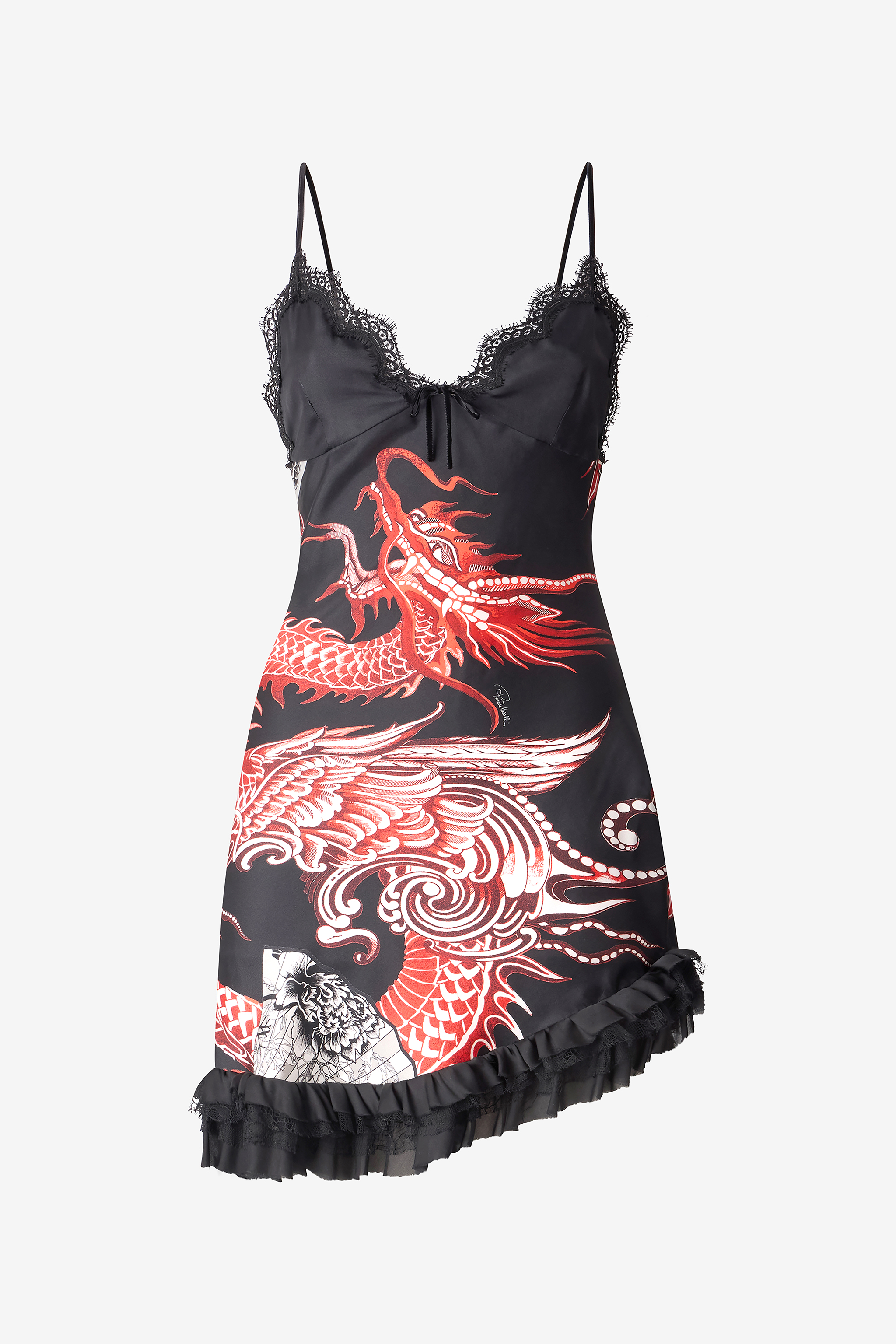 Roberto Cavalli Silk Mini Dress With Dragon And Ruffles