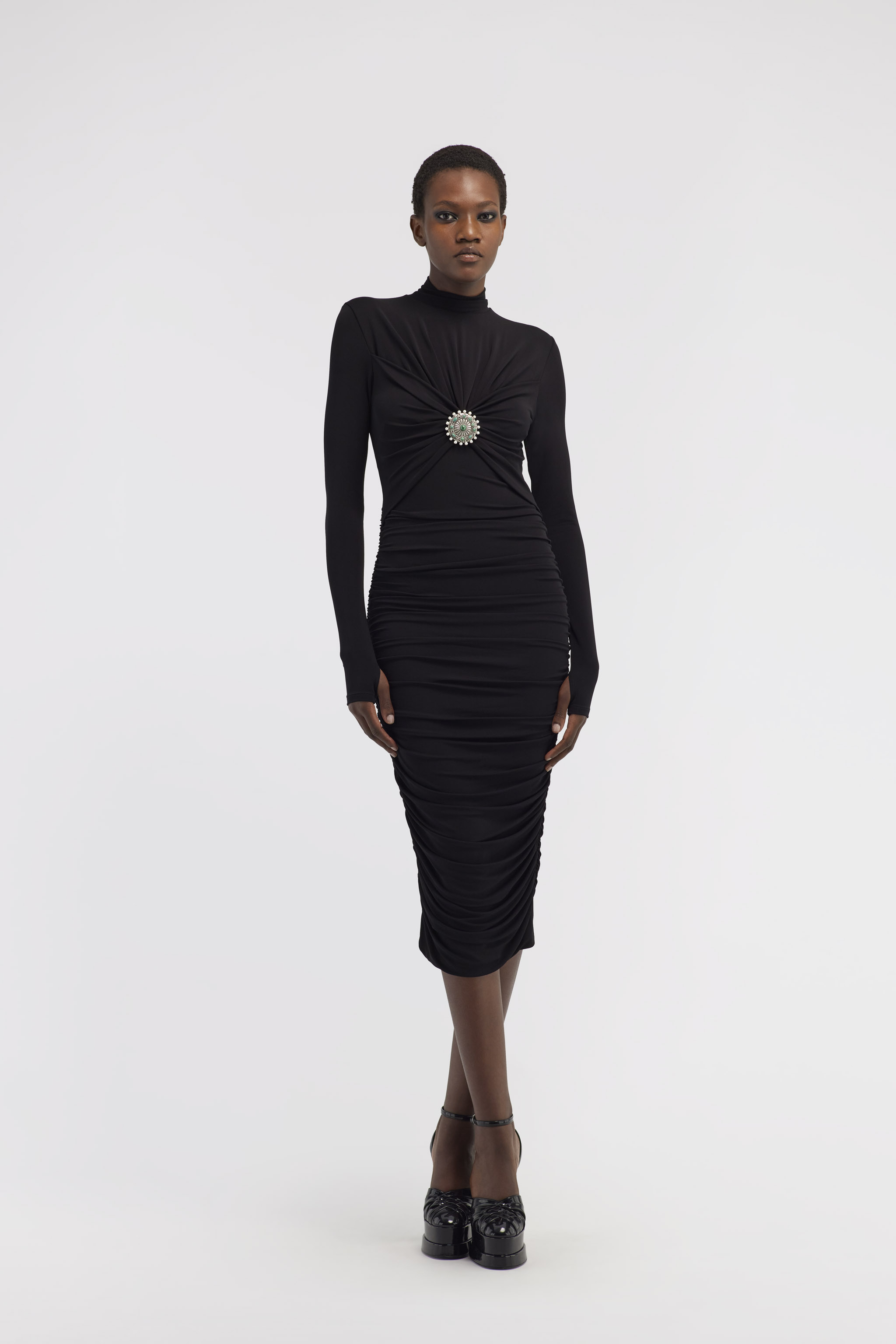 ROBERTO CAVALLI MIDI-KLEID MIT RÜSCHEN UND STEINEN
