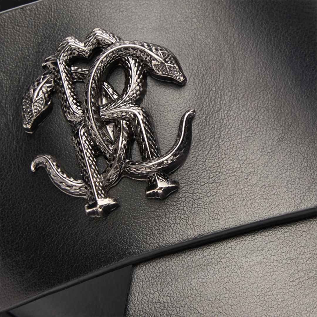 Roberto Cavalli Slides With Straps And Monogram Mirror Snake In Black