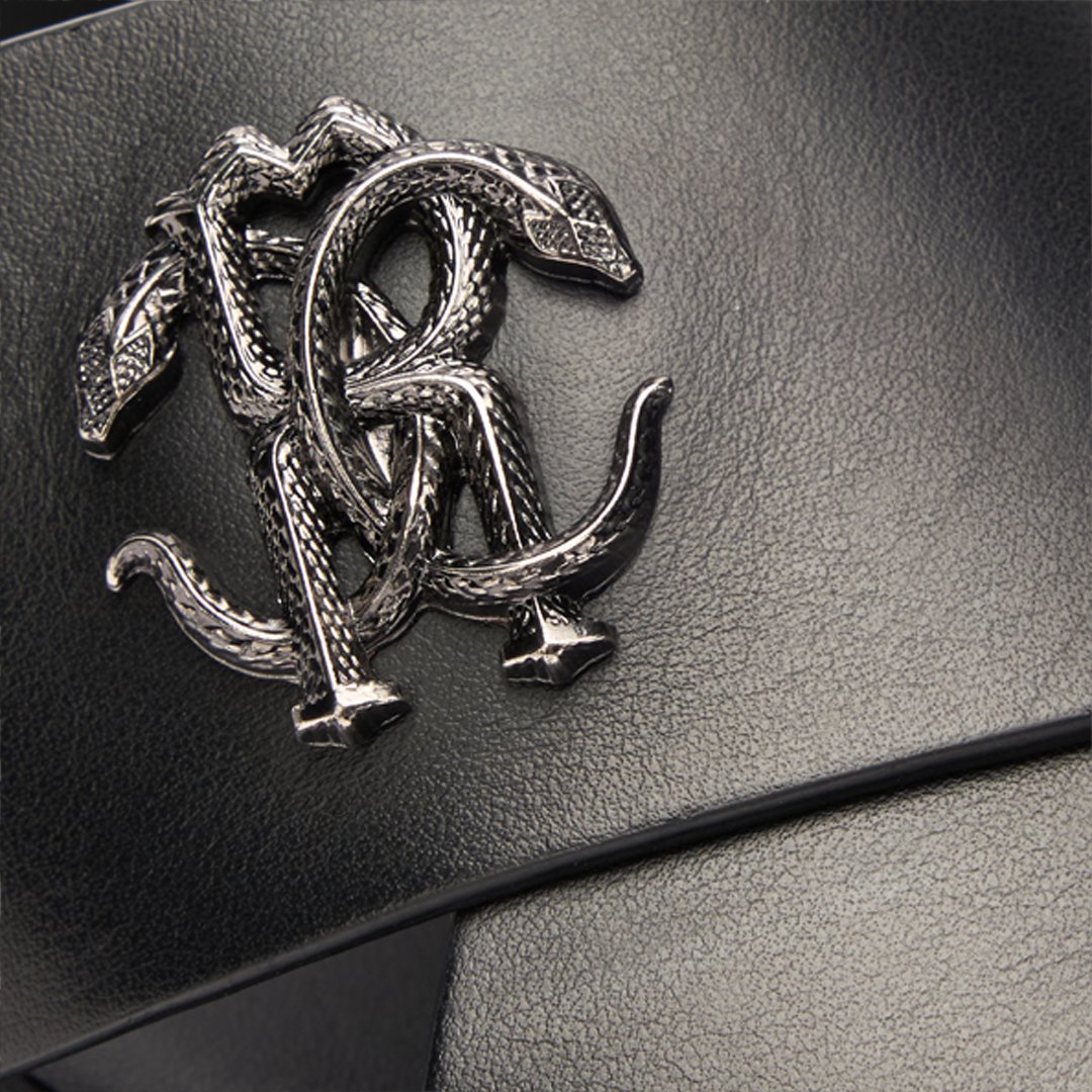 Roberto Cavalli Slides With Straps And Monogram Mirror Snake In Black