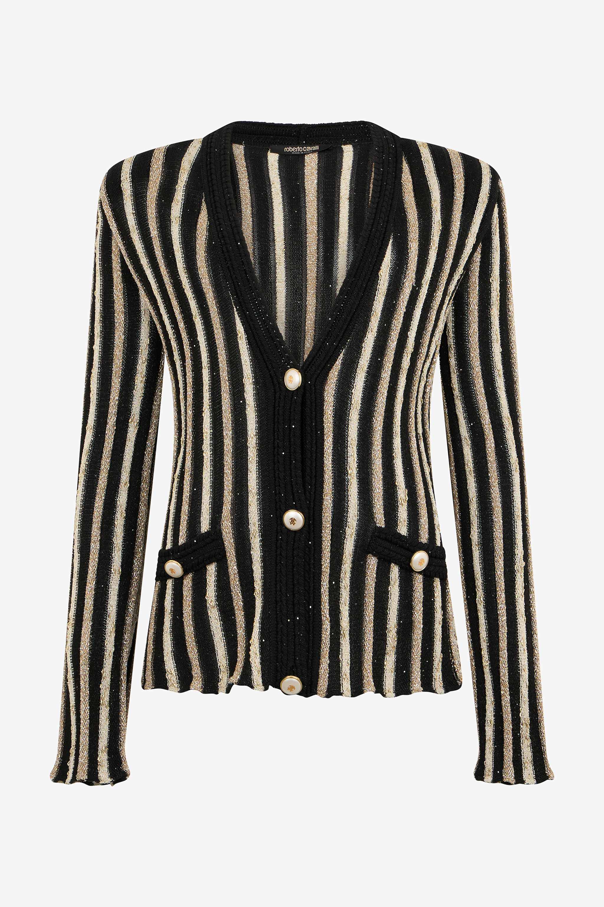 Roberto Cavalli Women's Black/Gold Cardigan With Laminated Stripes - Knitwear