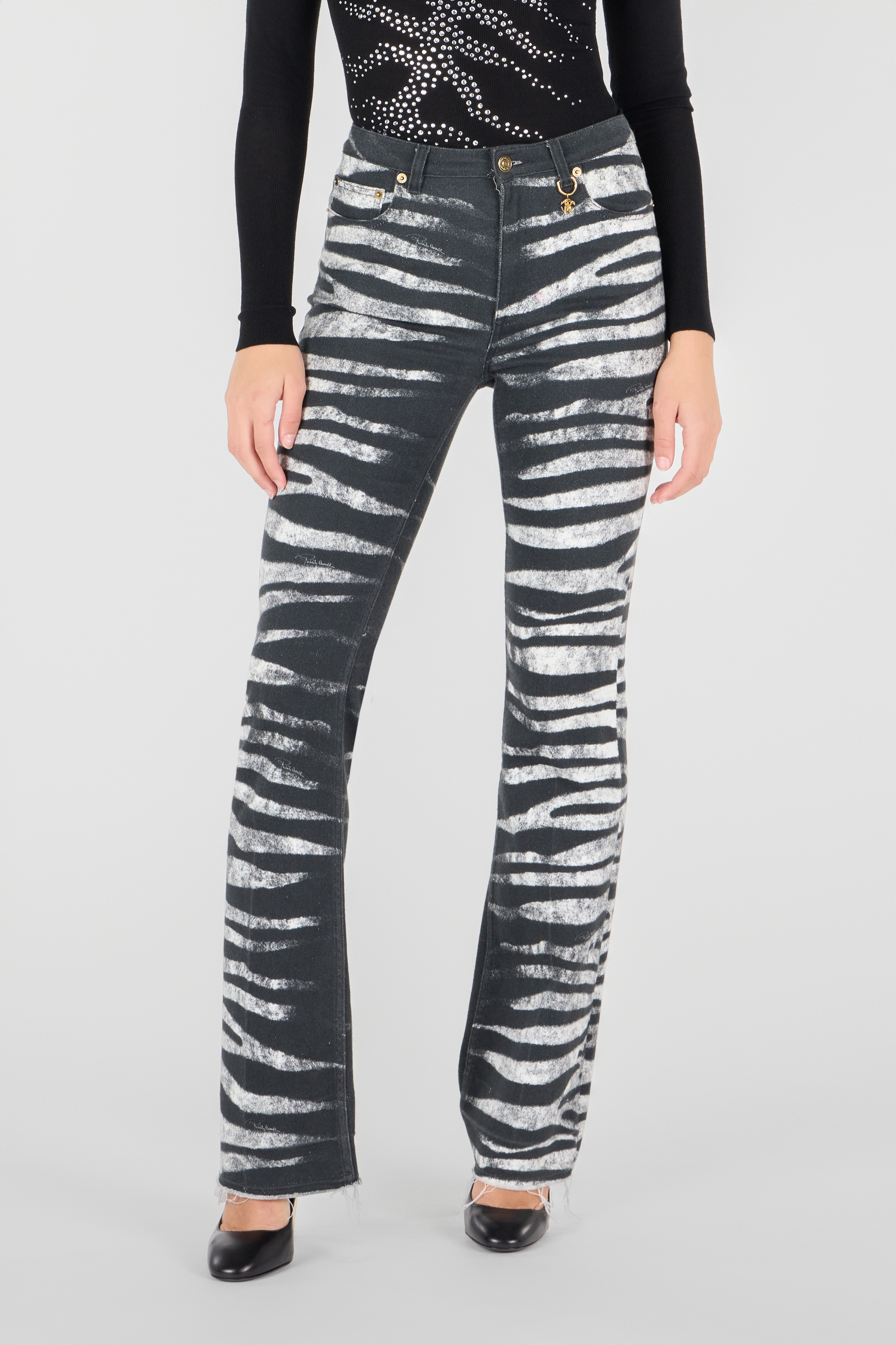 Roberto Cavalli Zebra Print Stretch Drill Straight Jeans In Black/white