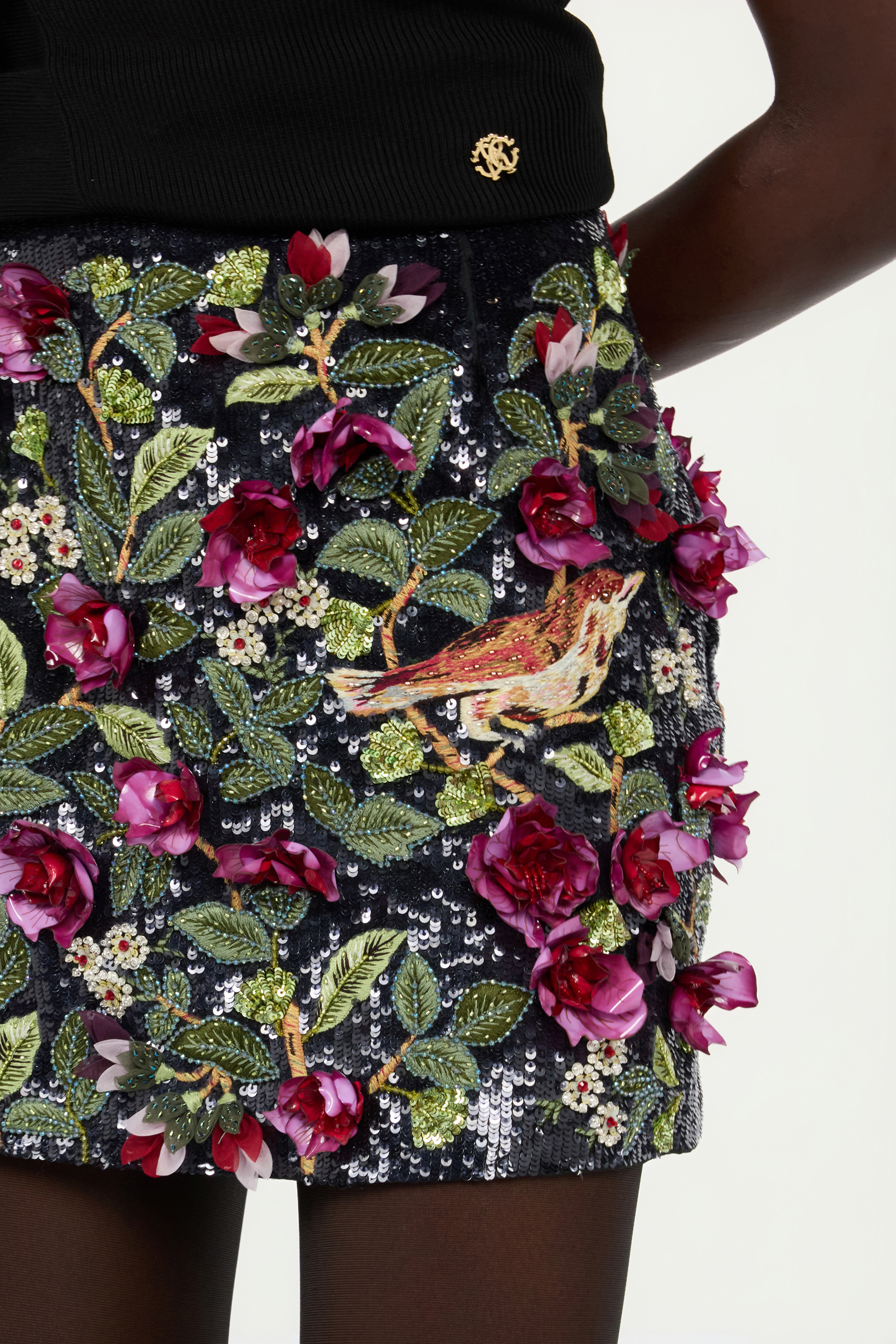 Roberto Cavalli Black Miniskirt With Multicolor Decorations In Multi