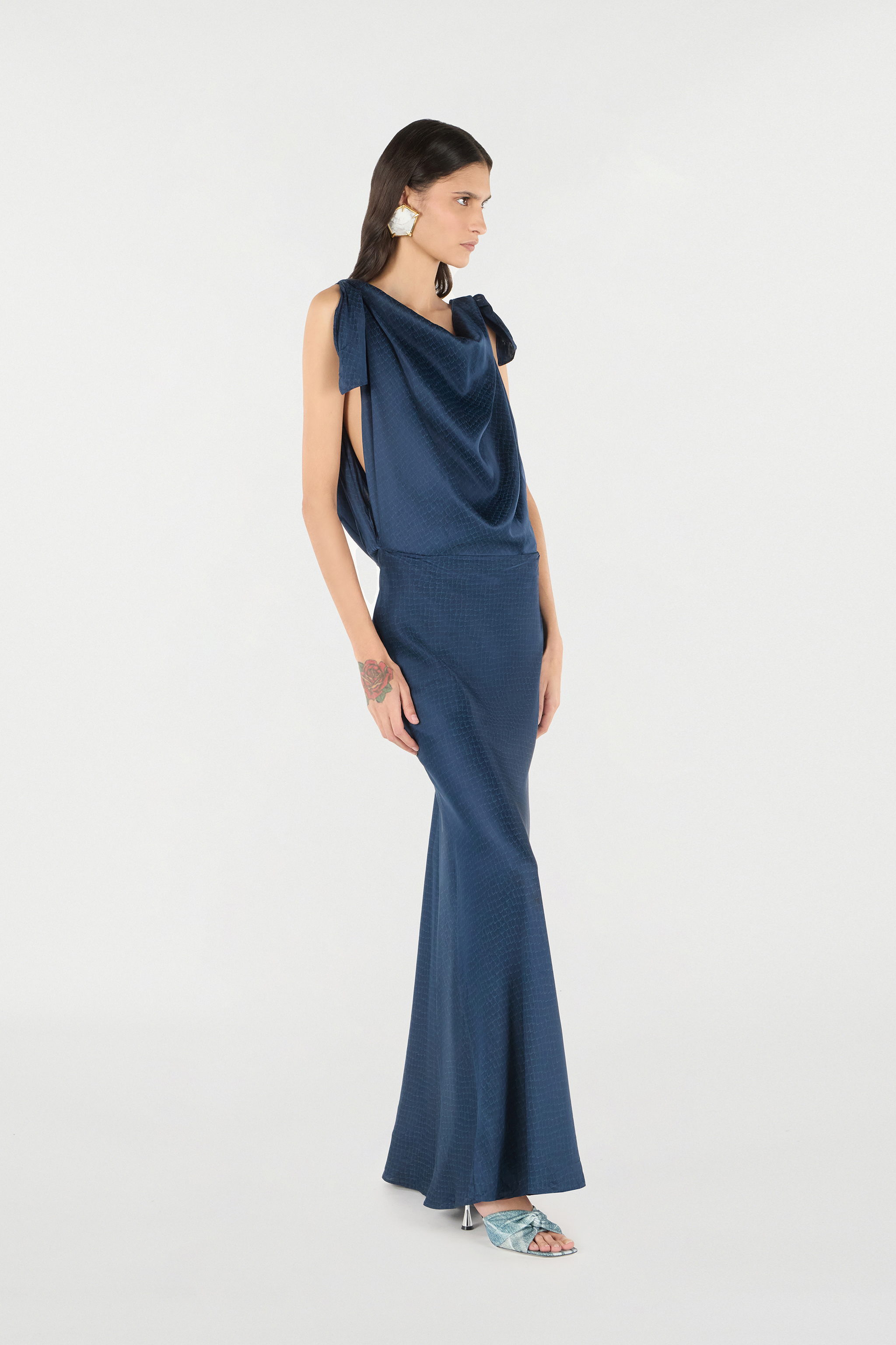 Roberto Cavalli Long Dress With Snake Print In Dark Blue