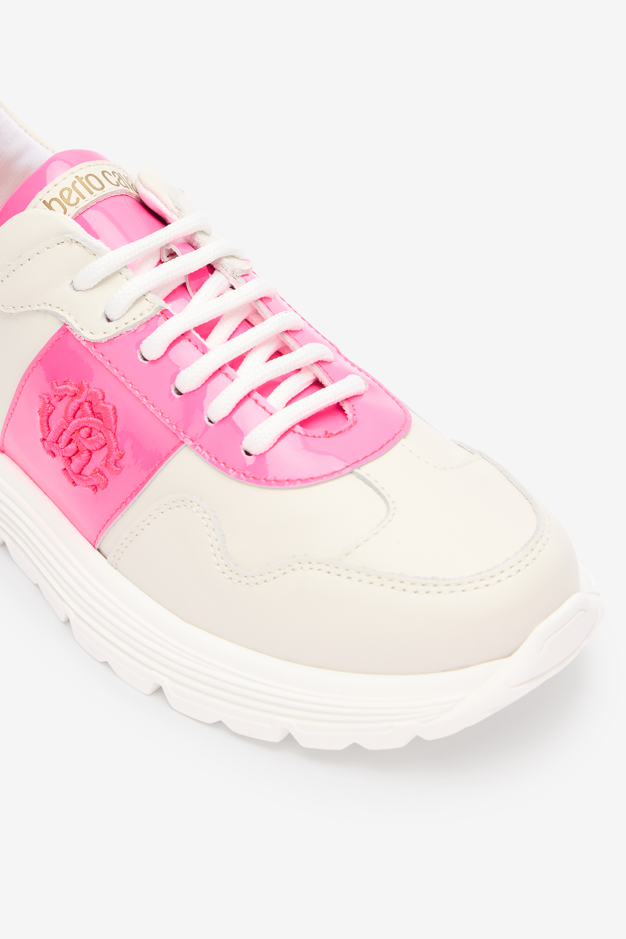 Roberto Cavalli White And Pink Leather Running Shoes With Monogram Rc In White