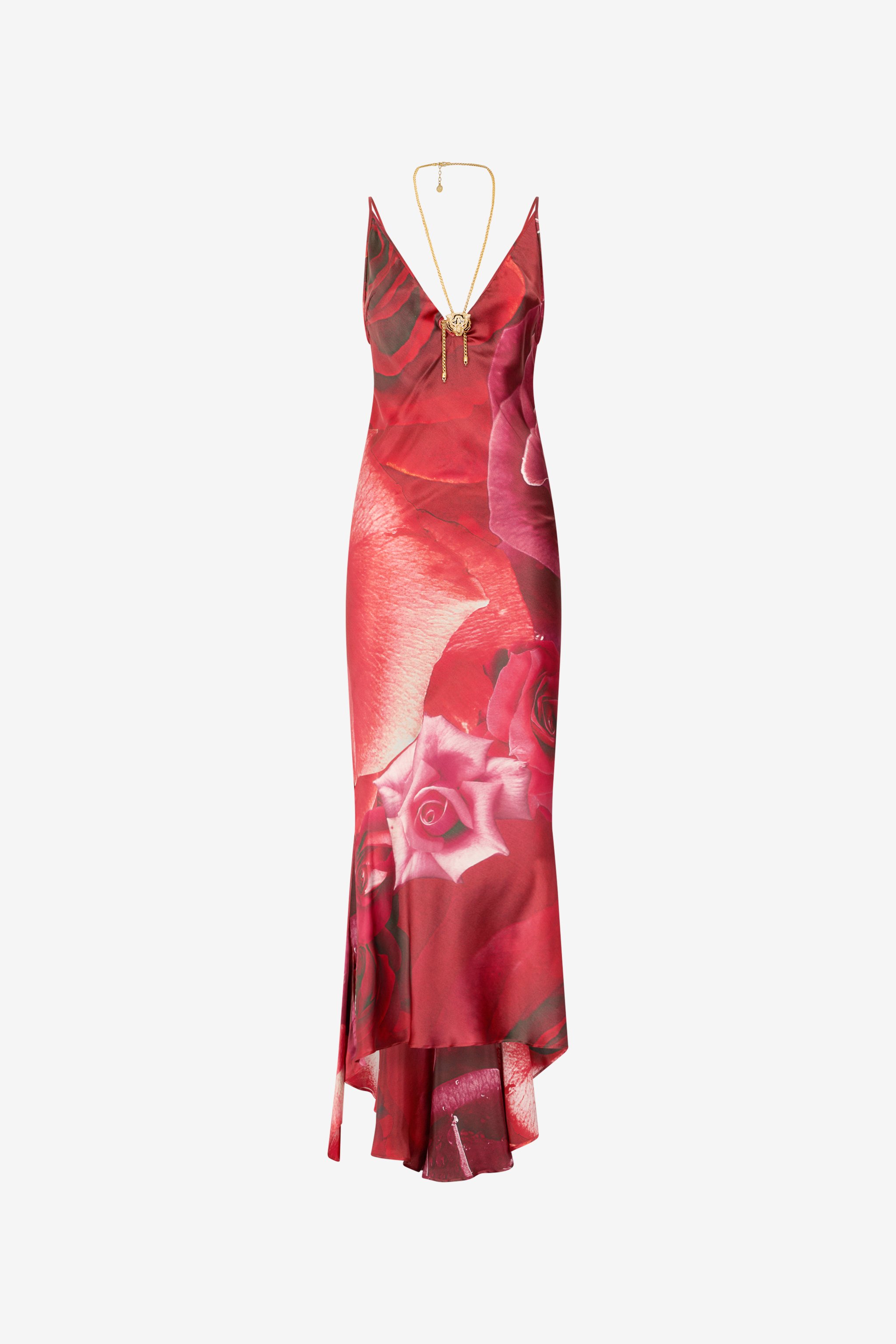 ワンピース ROBERTO CAVALLI Women Dresses UKT107 RYN48 D0446 Red Long Dress With Rose Print And Bejeweled Tiger in Red for