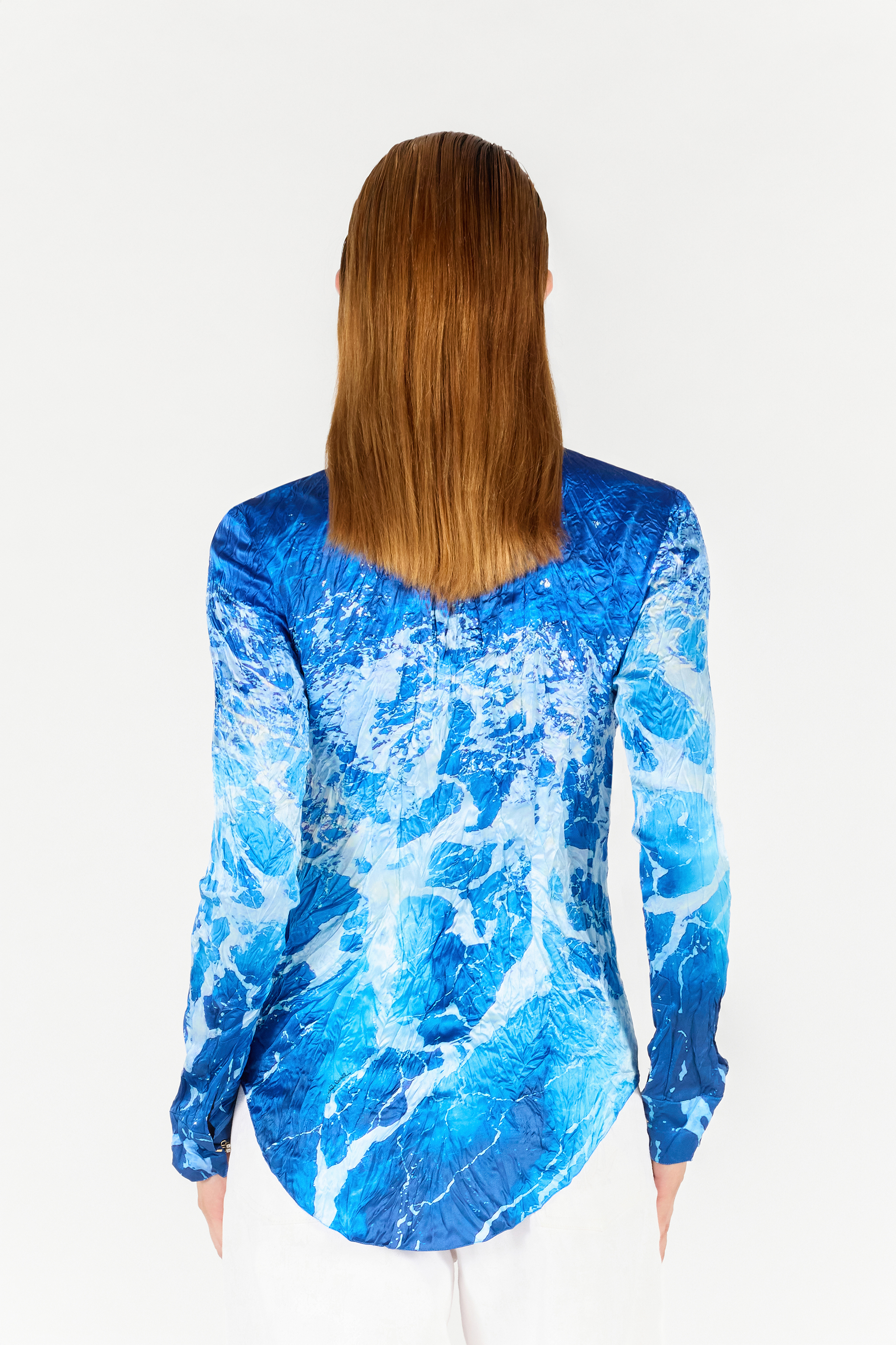 Roberto Cavalli Sicily Ocean-print Crinkle Silk Blouse In Blue