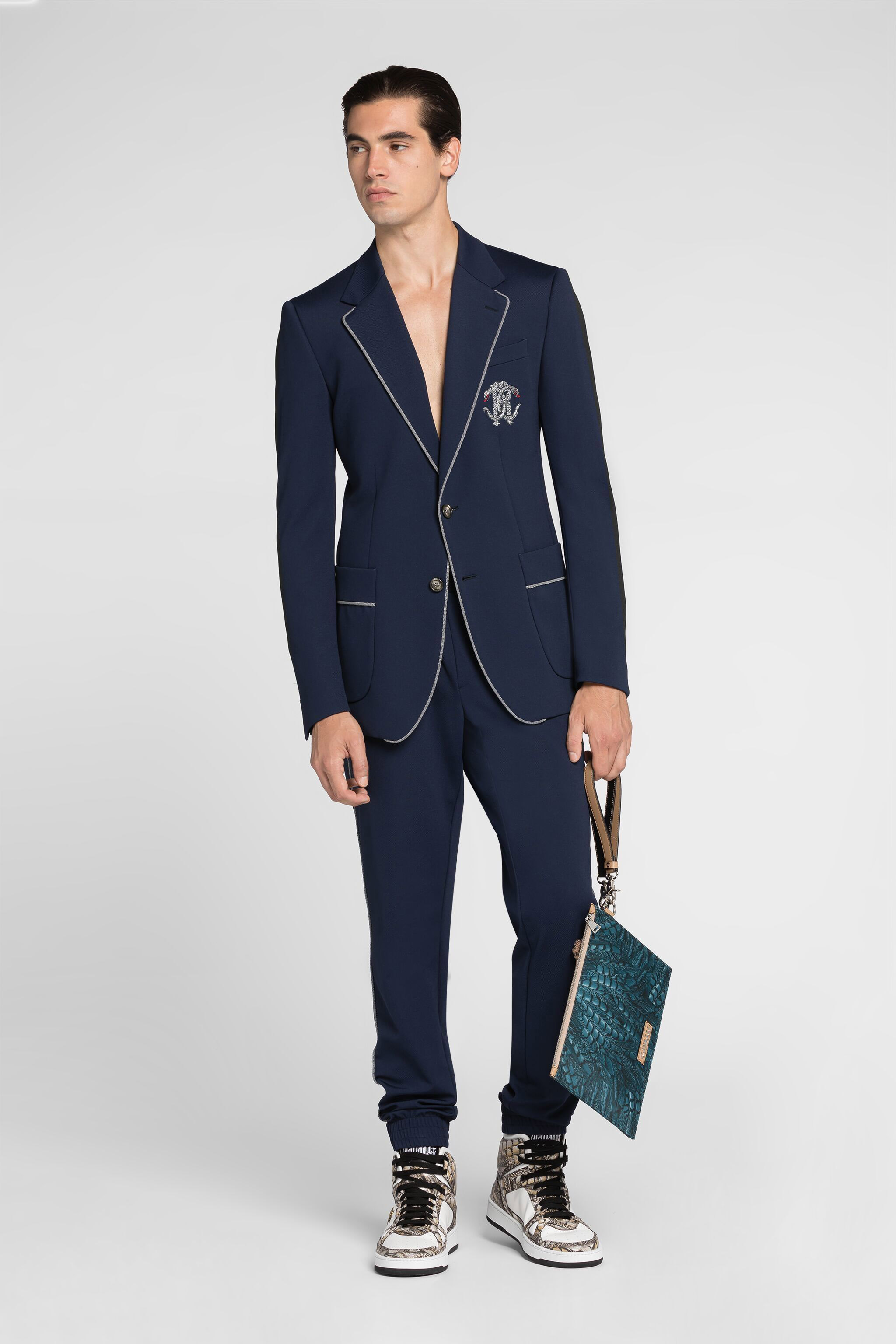 Roberto Cavalli Snake-motif Monogram Trackpants In Dark Blue
