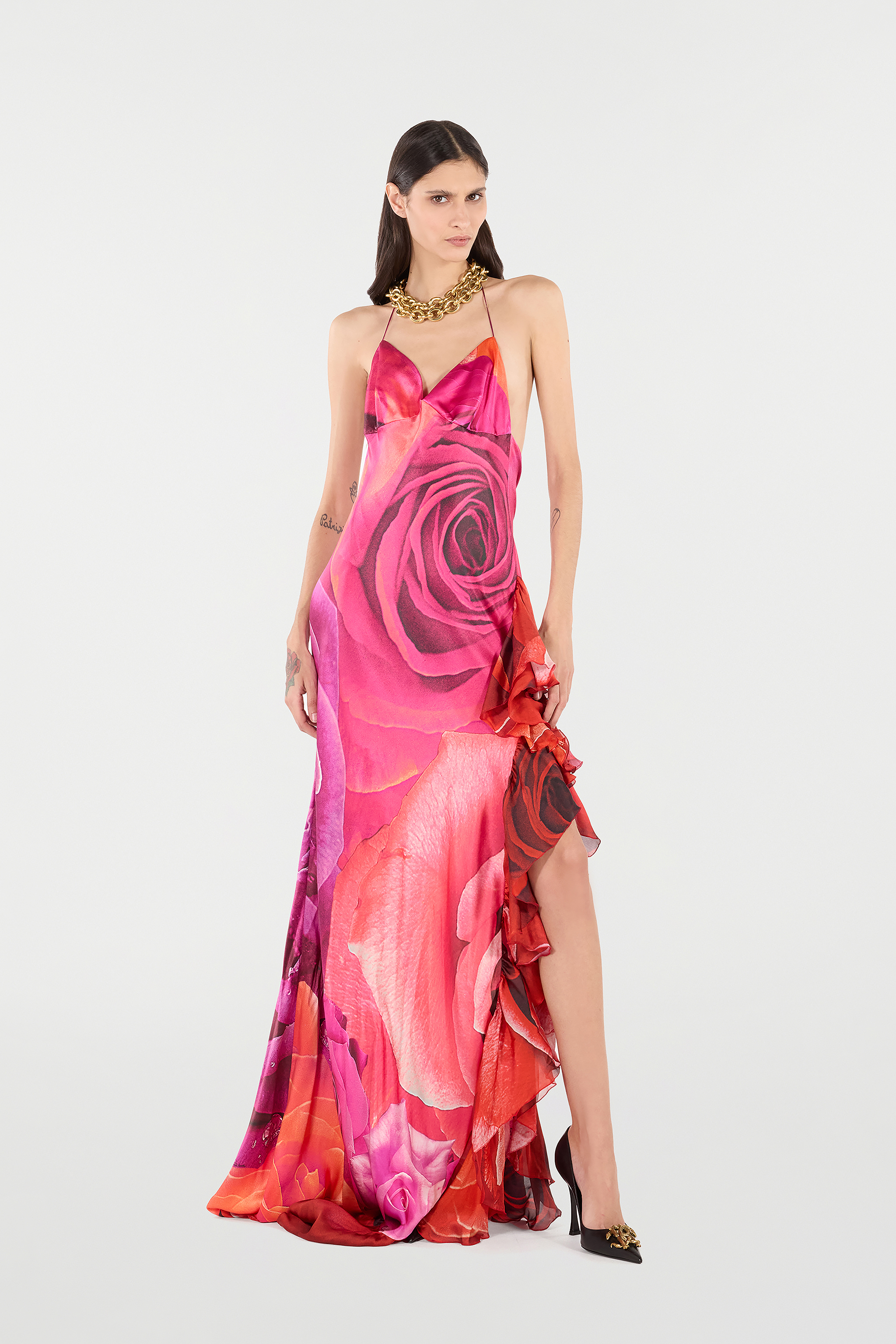 Roberto Cavalli Dress With Rose Print And Flounces In Rosa/rosso