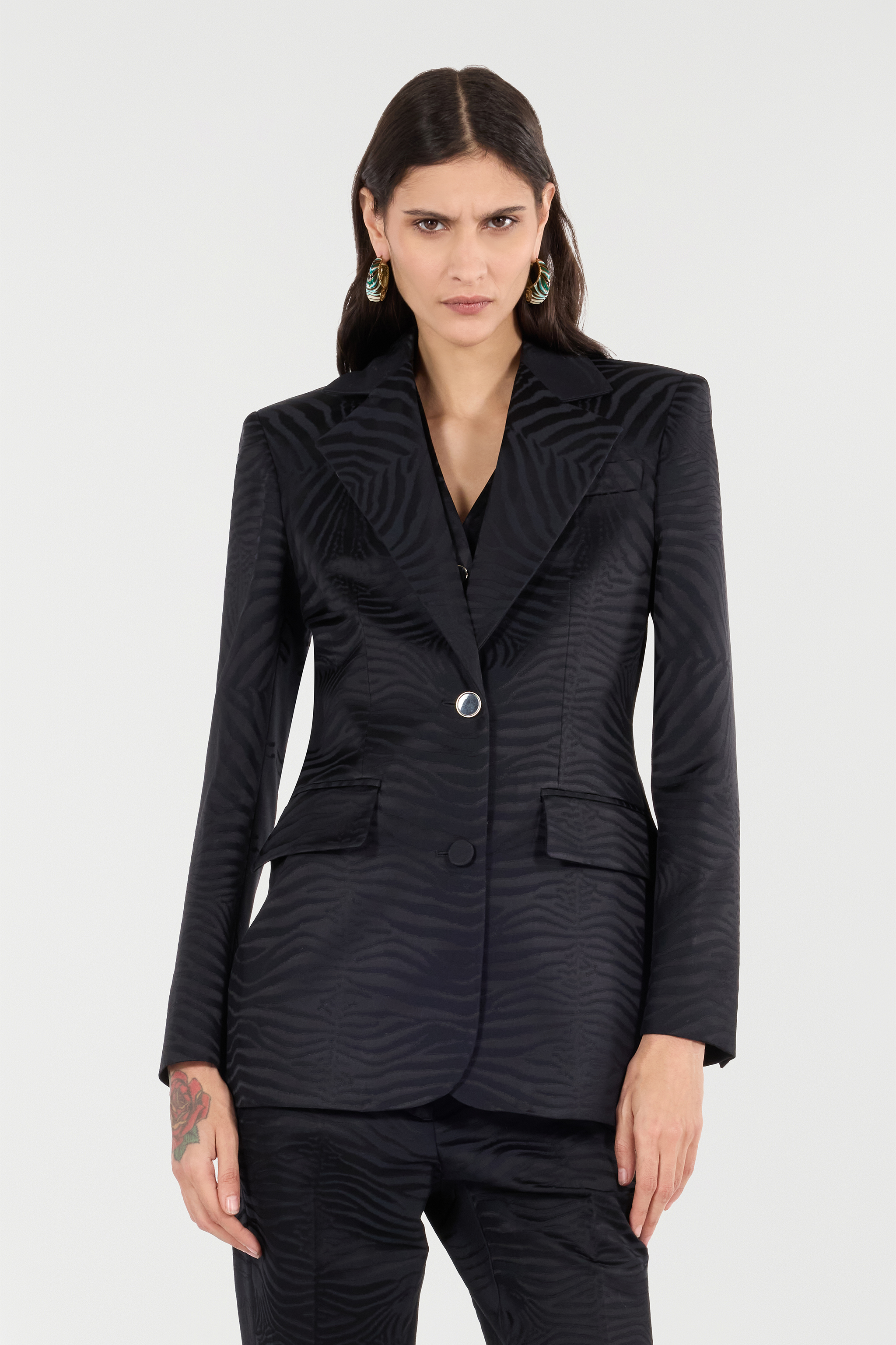 Roberto Cavalli Blazer With Monochrome Tiger Skin Pattern In Black