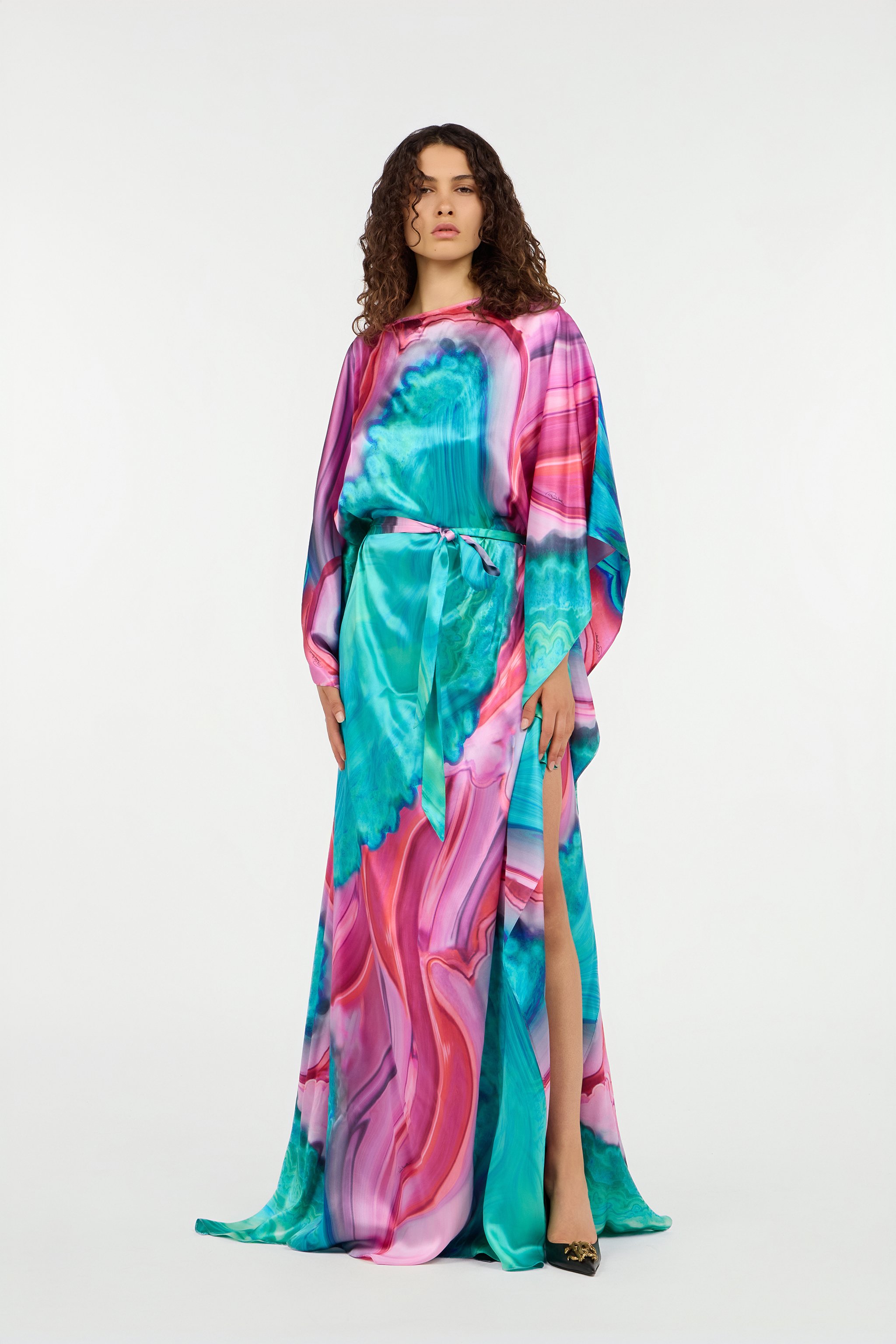 Roberto Cavalli Long Dress In Multicolor Marbled Silk In Multi