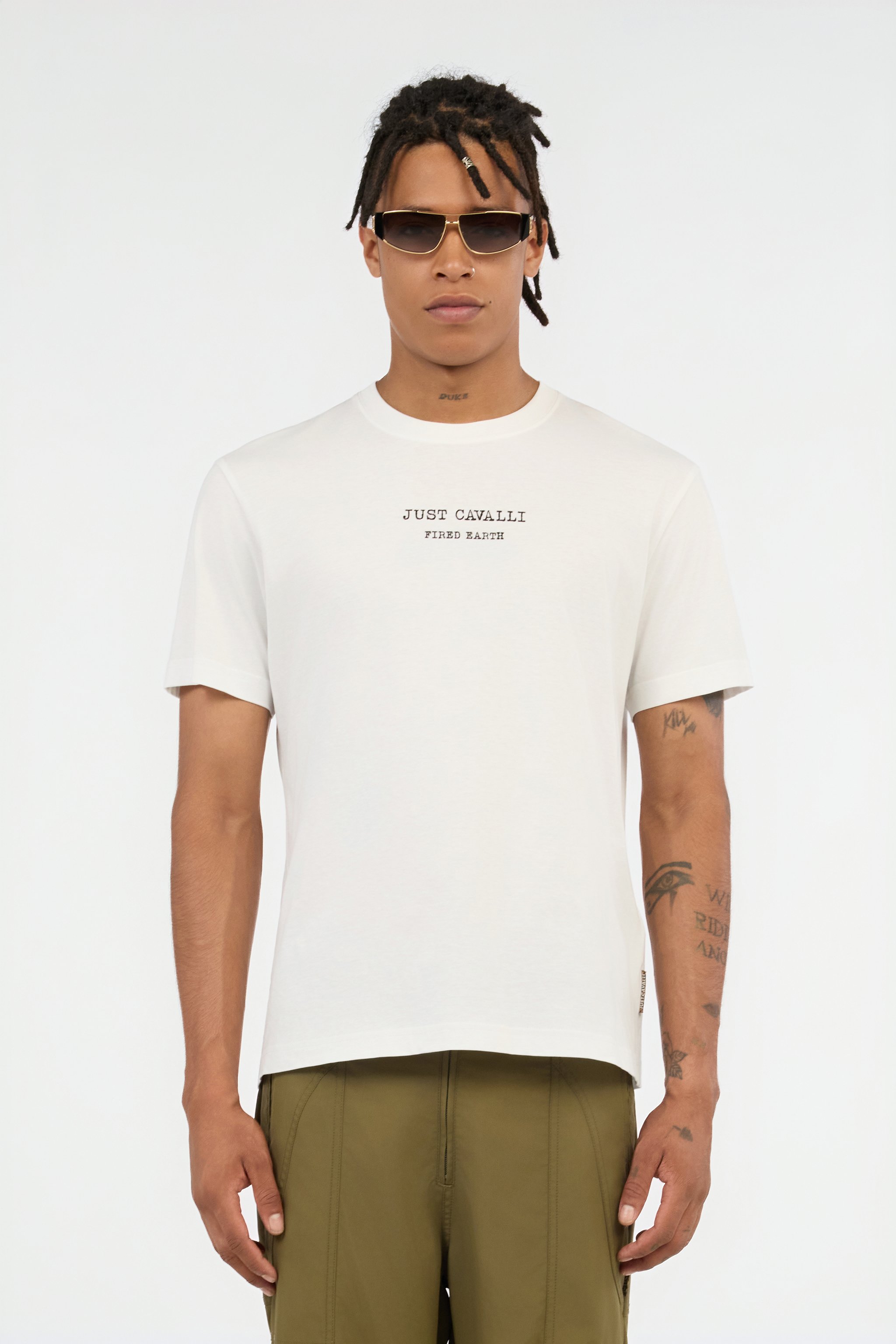 Roberto Cavalli White T-shirt With Fired Earth Print In White