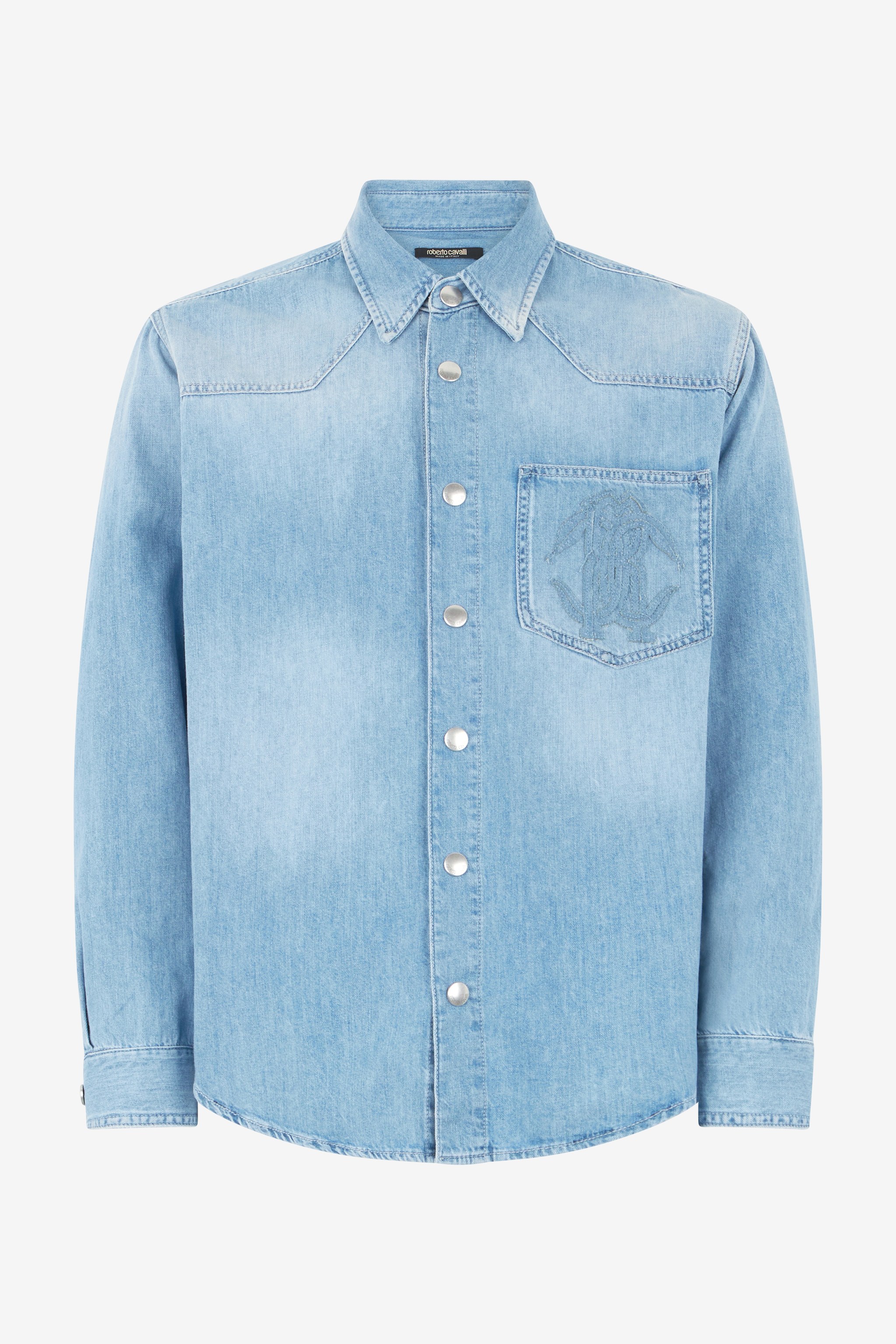 Roberto Cavalli Men's Light/Blue Denim Shirt With Mirror Snake Monogram - Ready To Wear