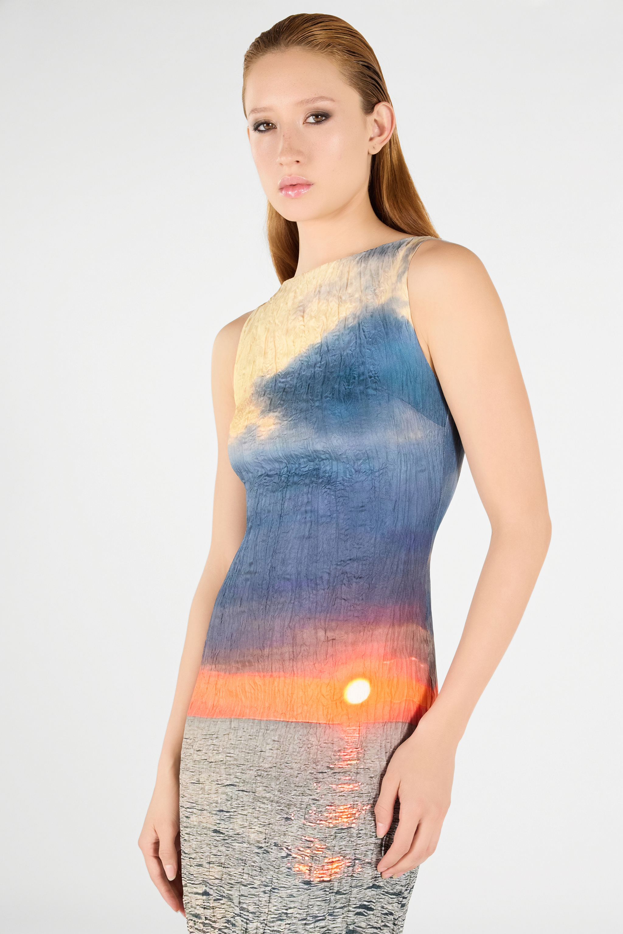 Shop Roberto Cavalli Langes Kleid Mit Sunrise-print In Blue/orange