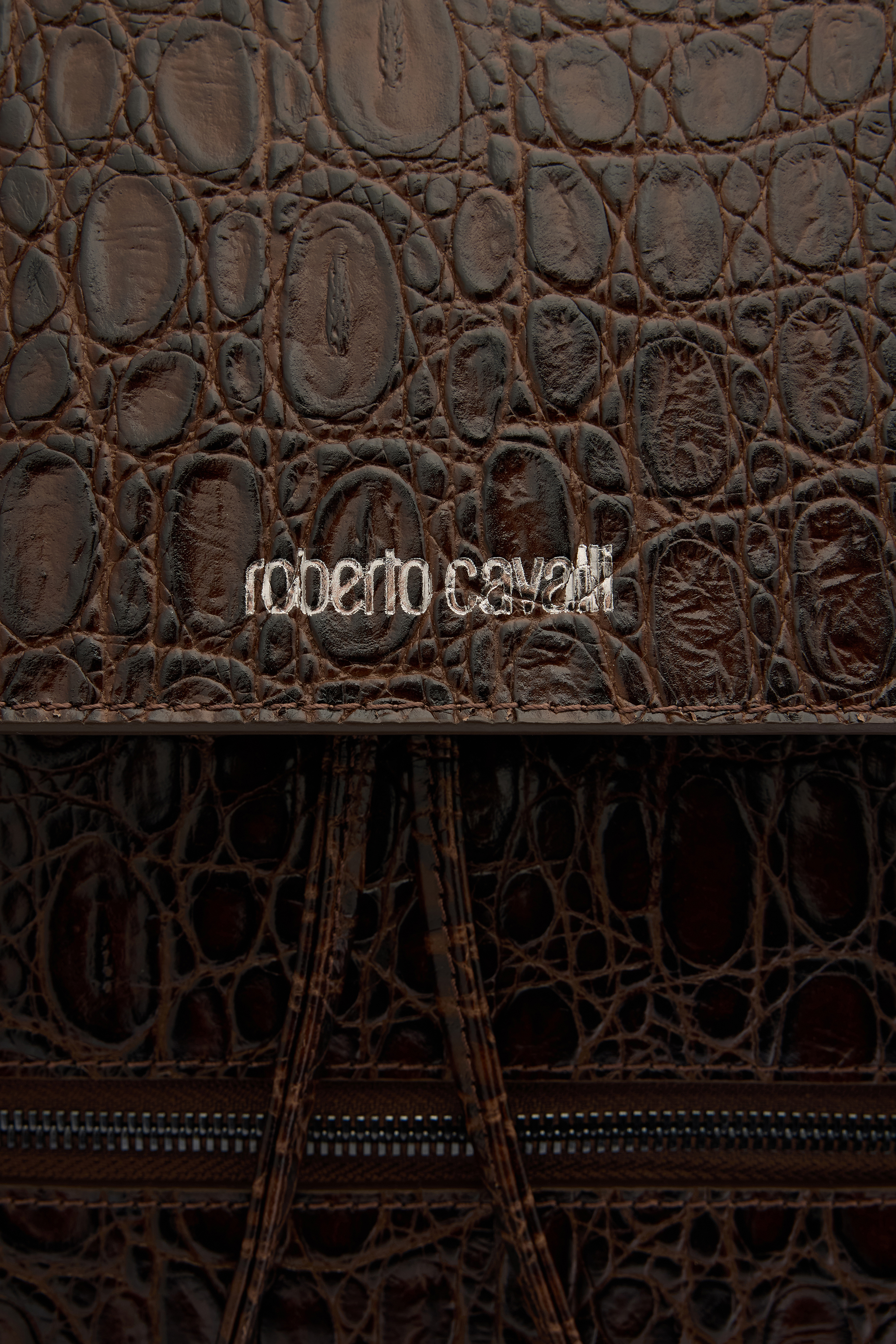 Roberto Cavalli Crocodile Scale-effect Backpack In Brown