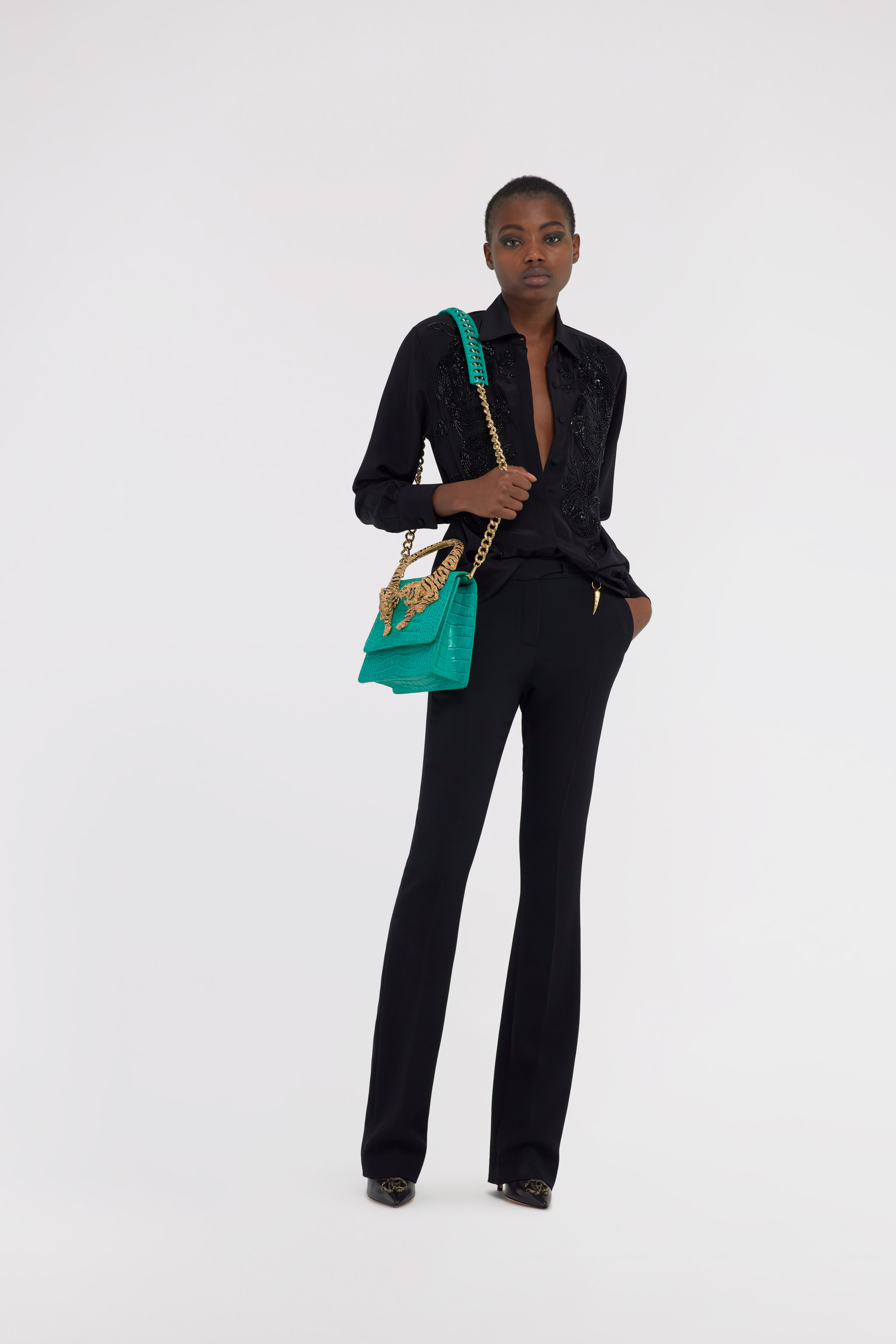 Roberto Cavalli Bead-embellished Appliqué Viscose Shirt In Black