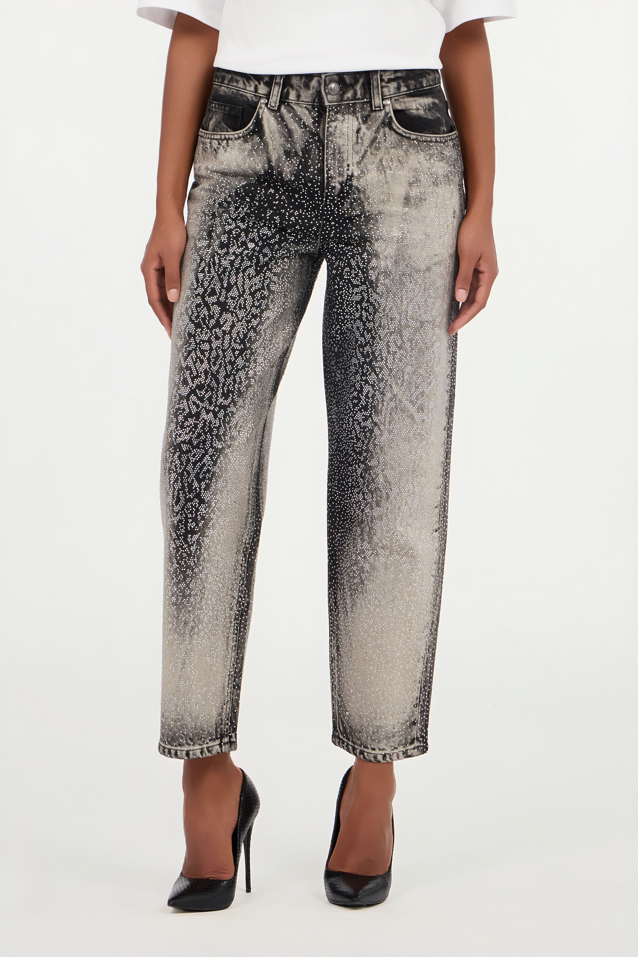 Jeans with Faded Effect and Rhinestones