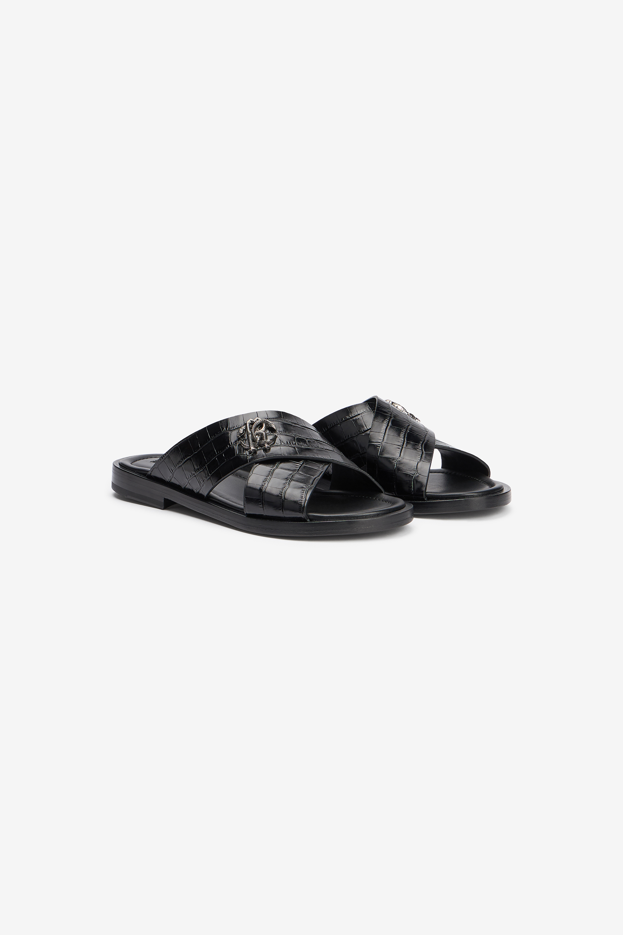 Roberto Cavalli Men's Black Crocodile-Effect Leather Sandals - Shoes