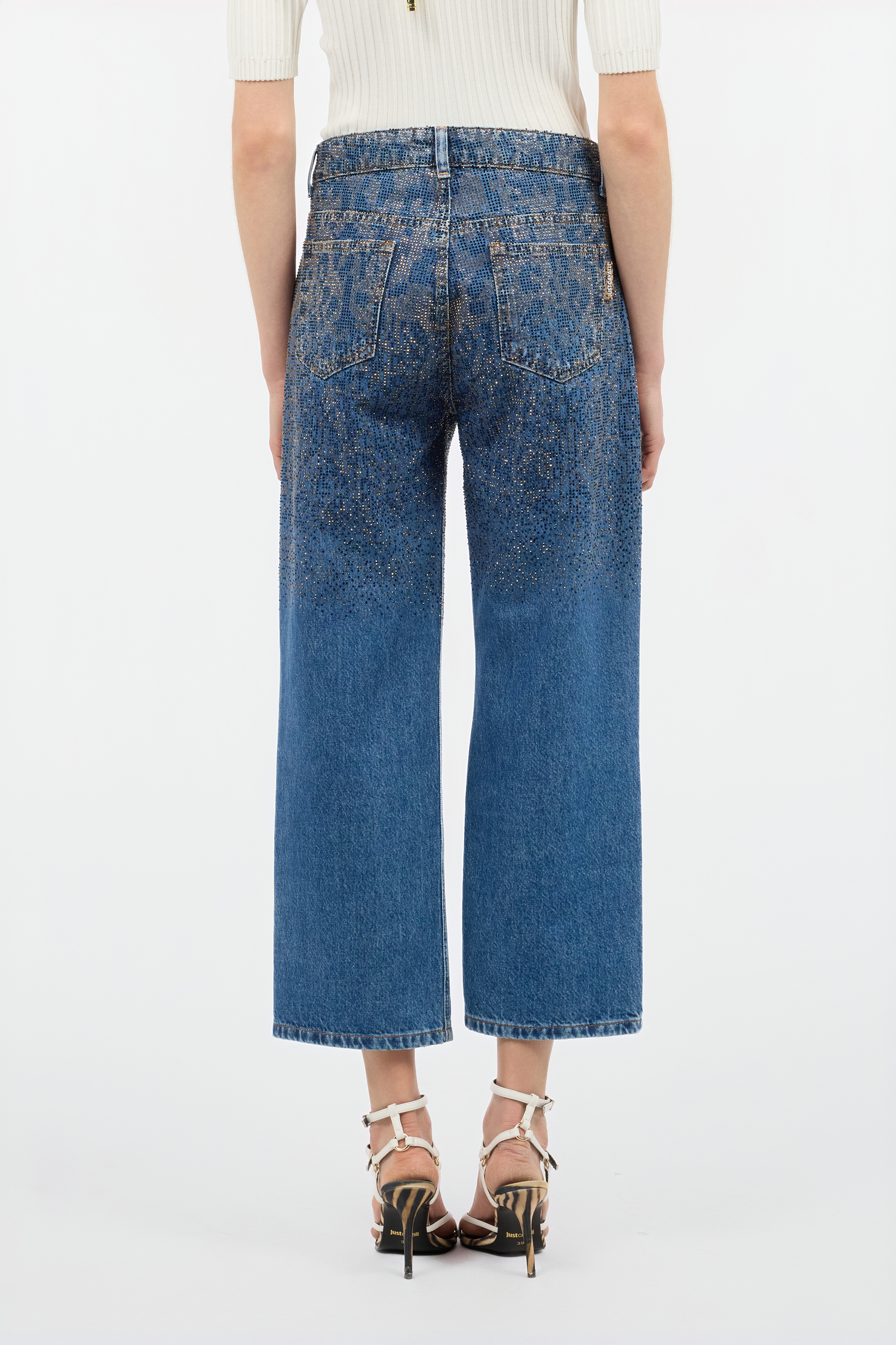 Denim Culotte Jeans With Rhinestones