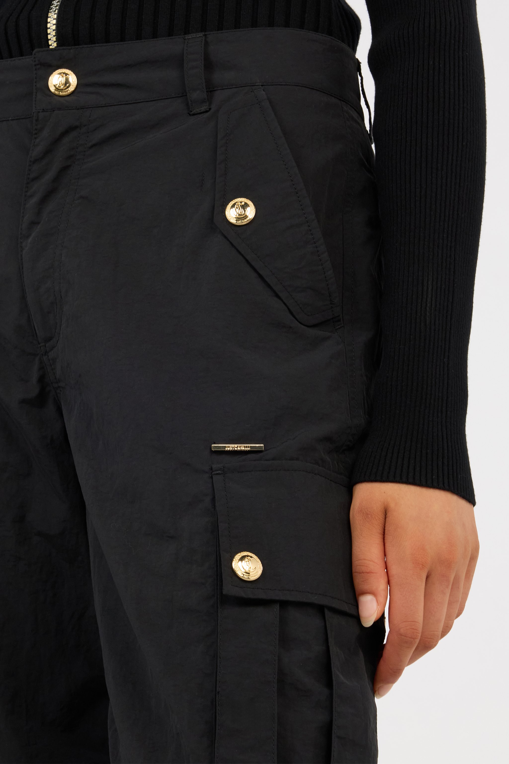 Roberto Cavalli Black Cargo Trousers With Gold Buttons In Black