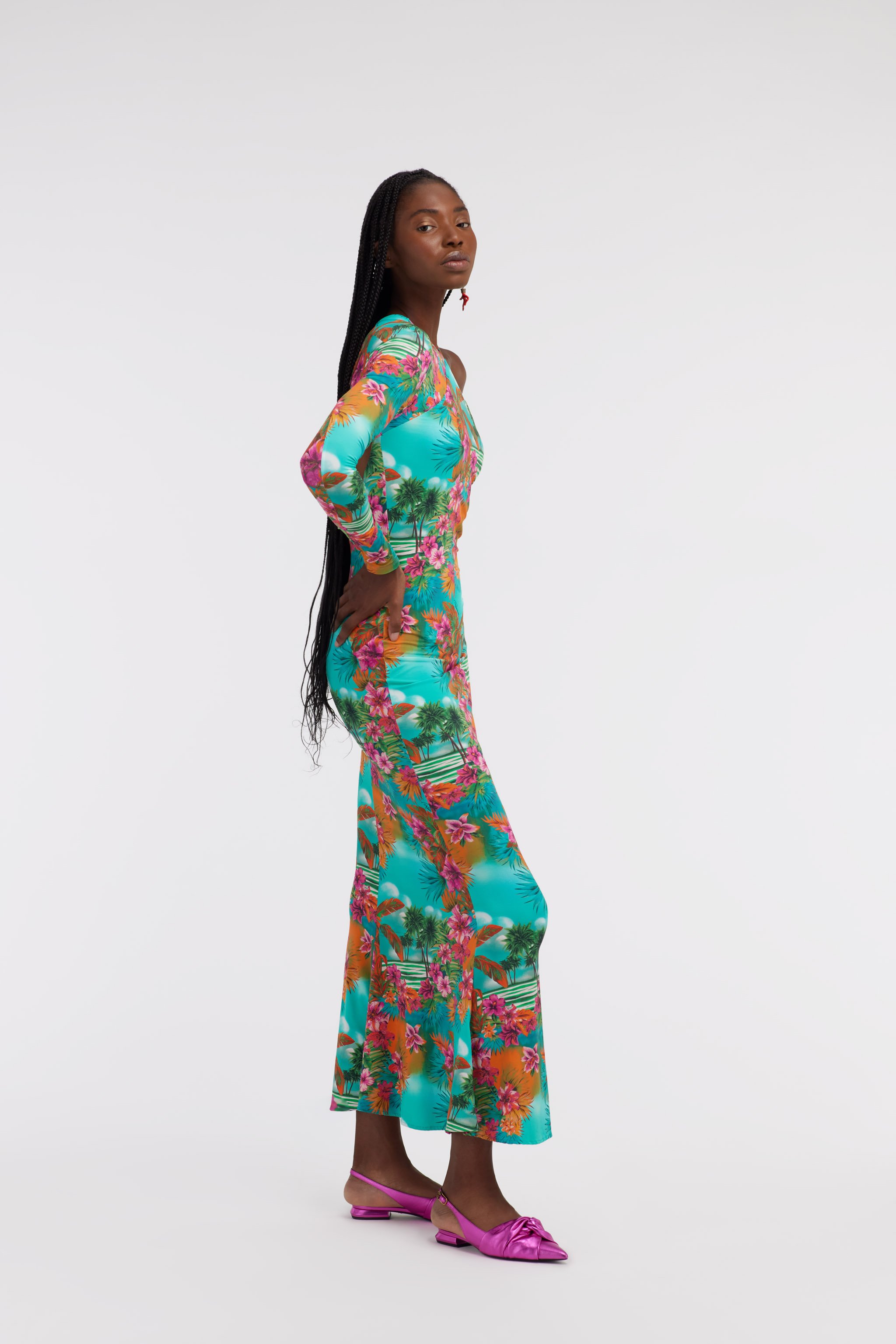 ROBERTO CAVALLI ONE-SHOULDER LONG DRESS WITH JUNGLE PRINT