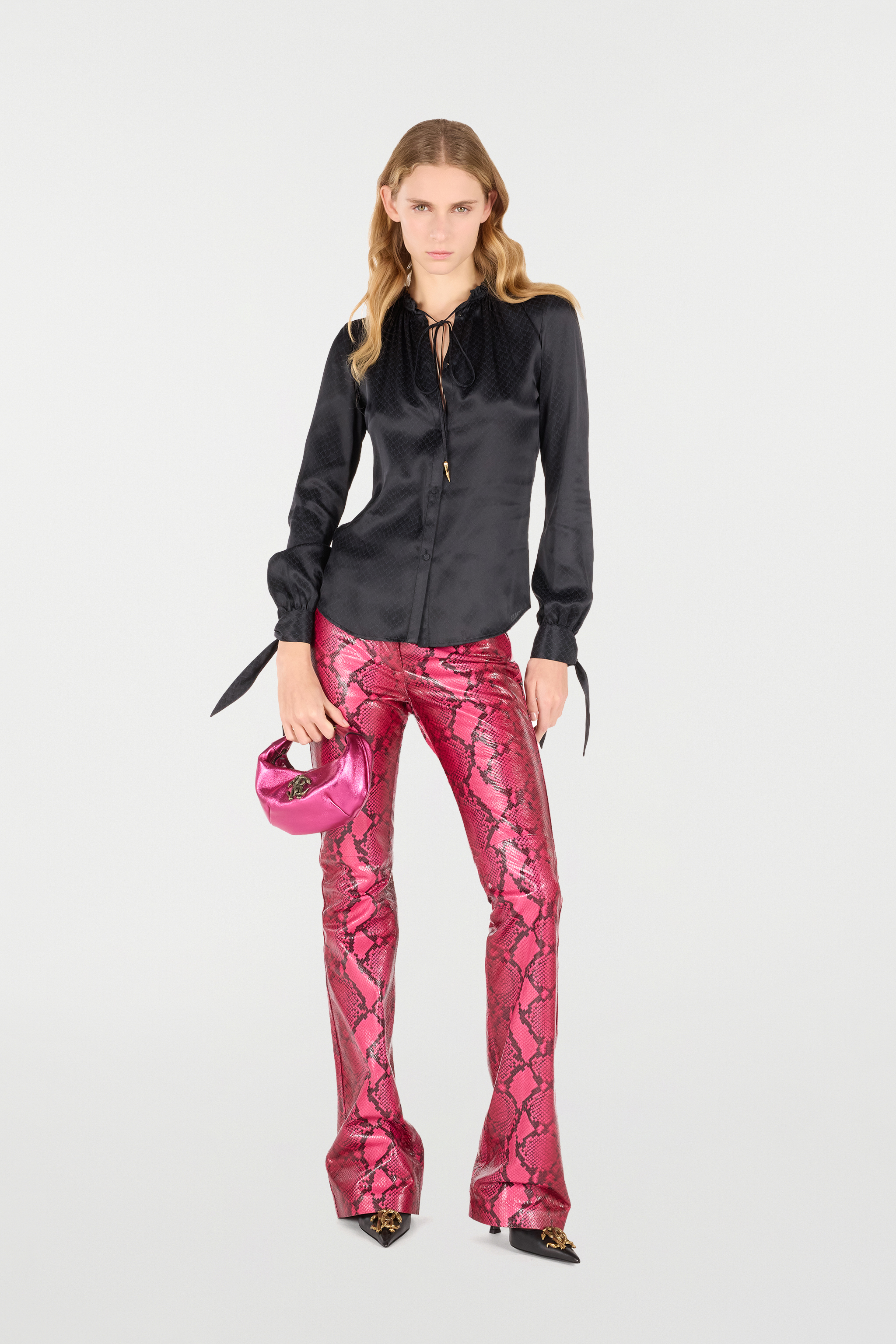 Roberto Cavalli Snake-effect Silk Shirt In Black