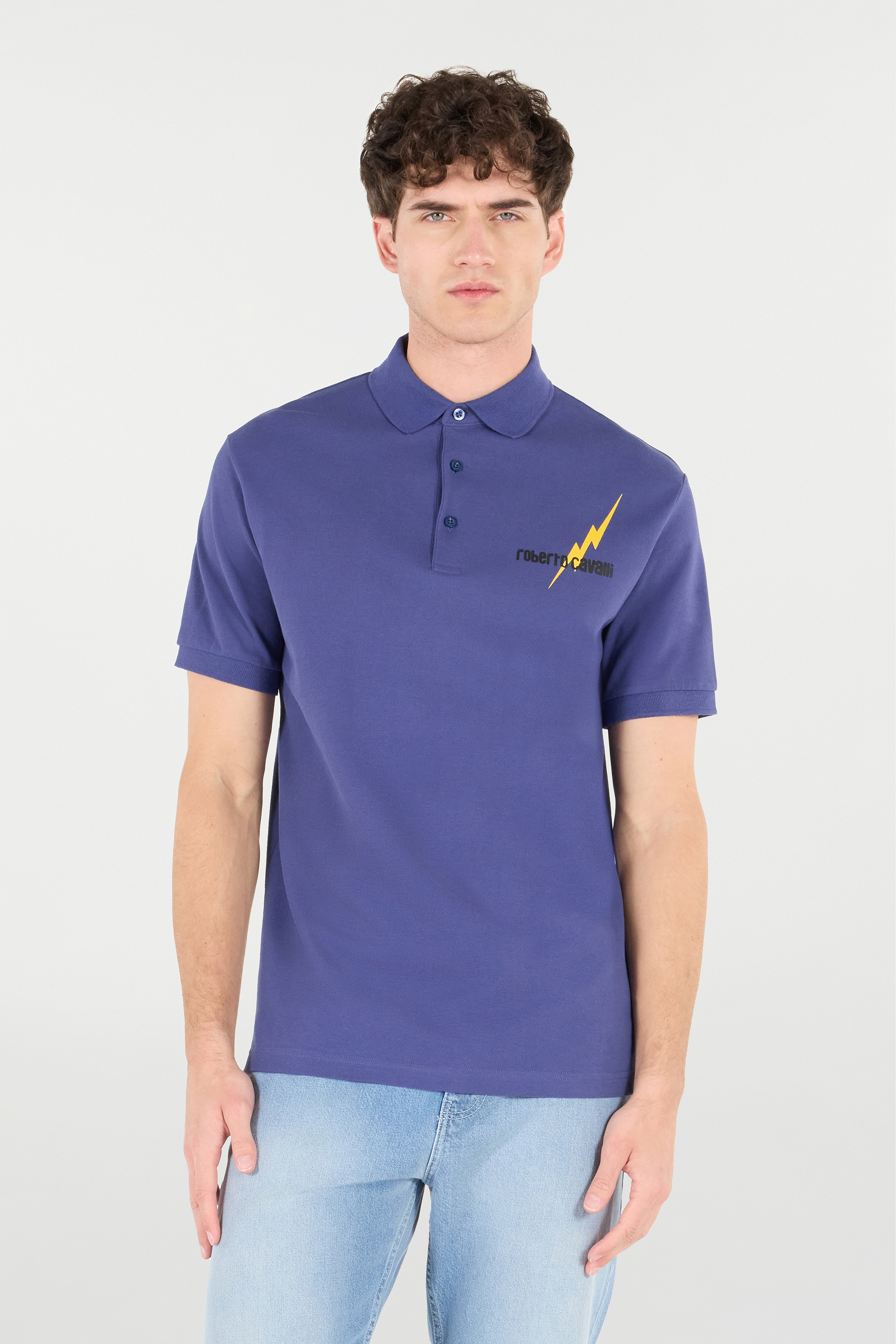 Roberto Cavalli Polo Shirt With Print And Logo In Navy