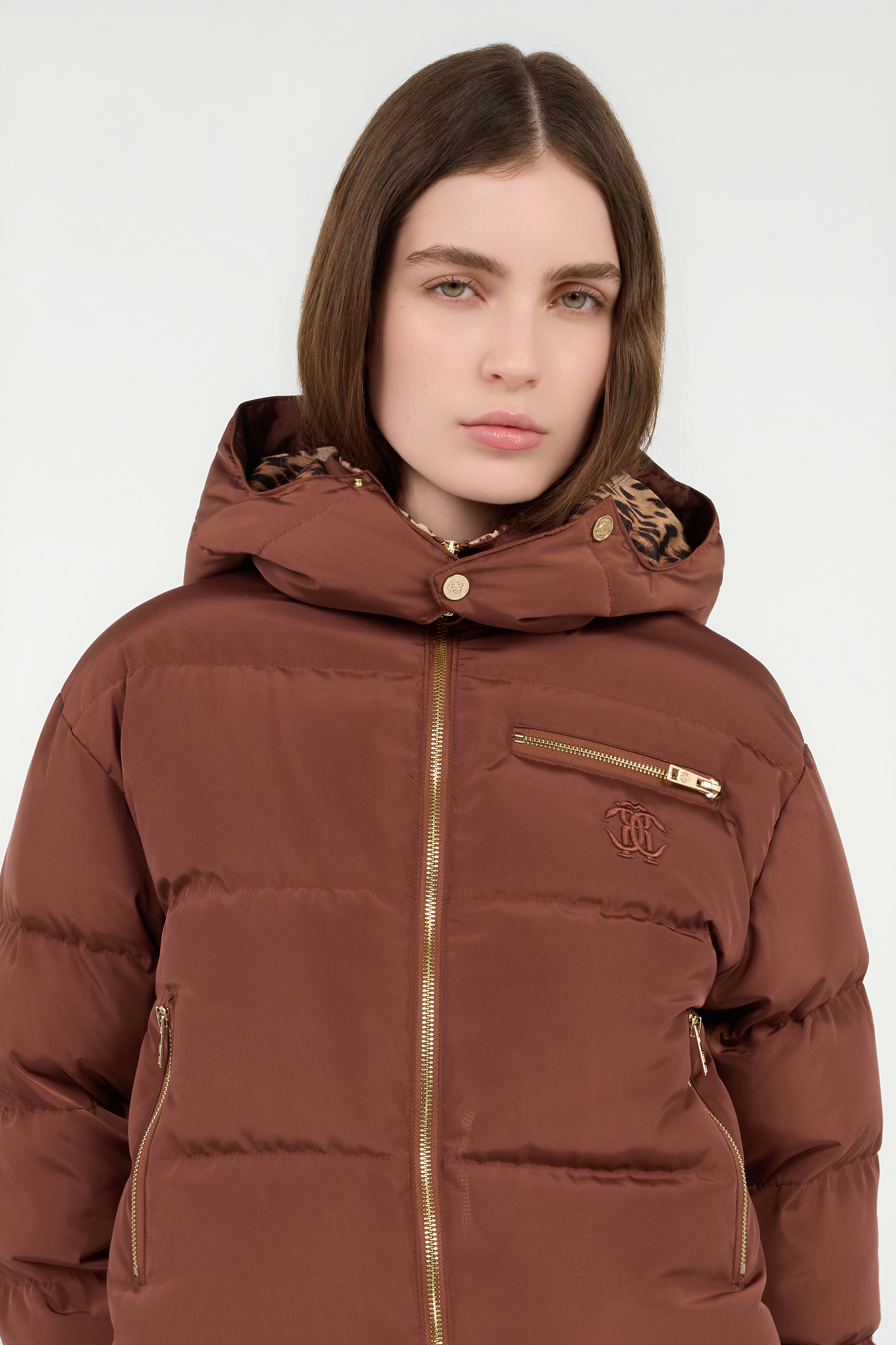 Roberto Cavalli Brown Down Jacket With Monogram Rc In Brown