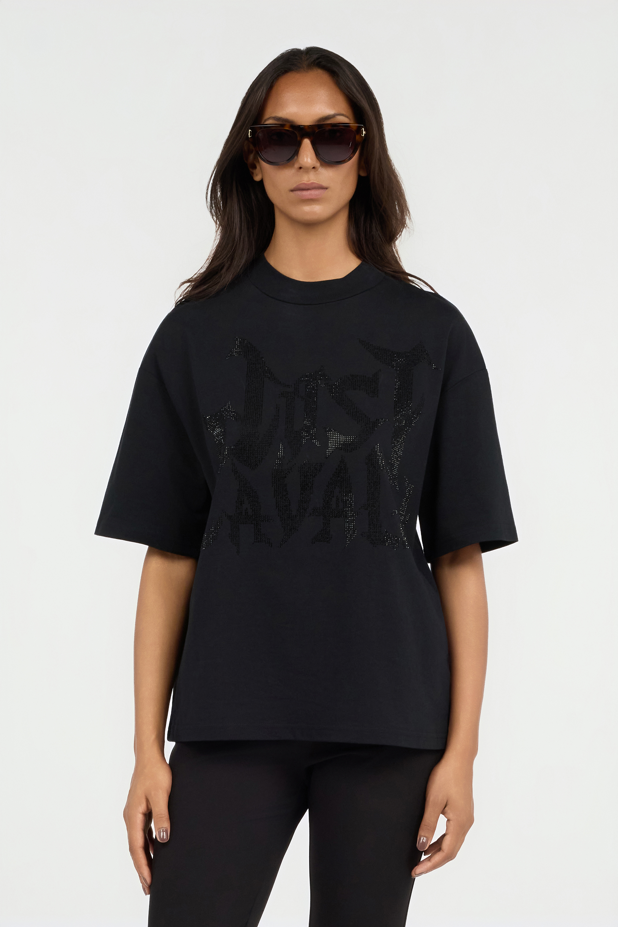 Roberto Cavalli Just Cavalli Black T-shirt With Rhinestone Logo In Black