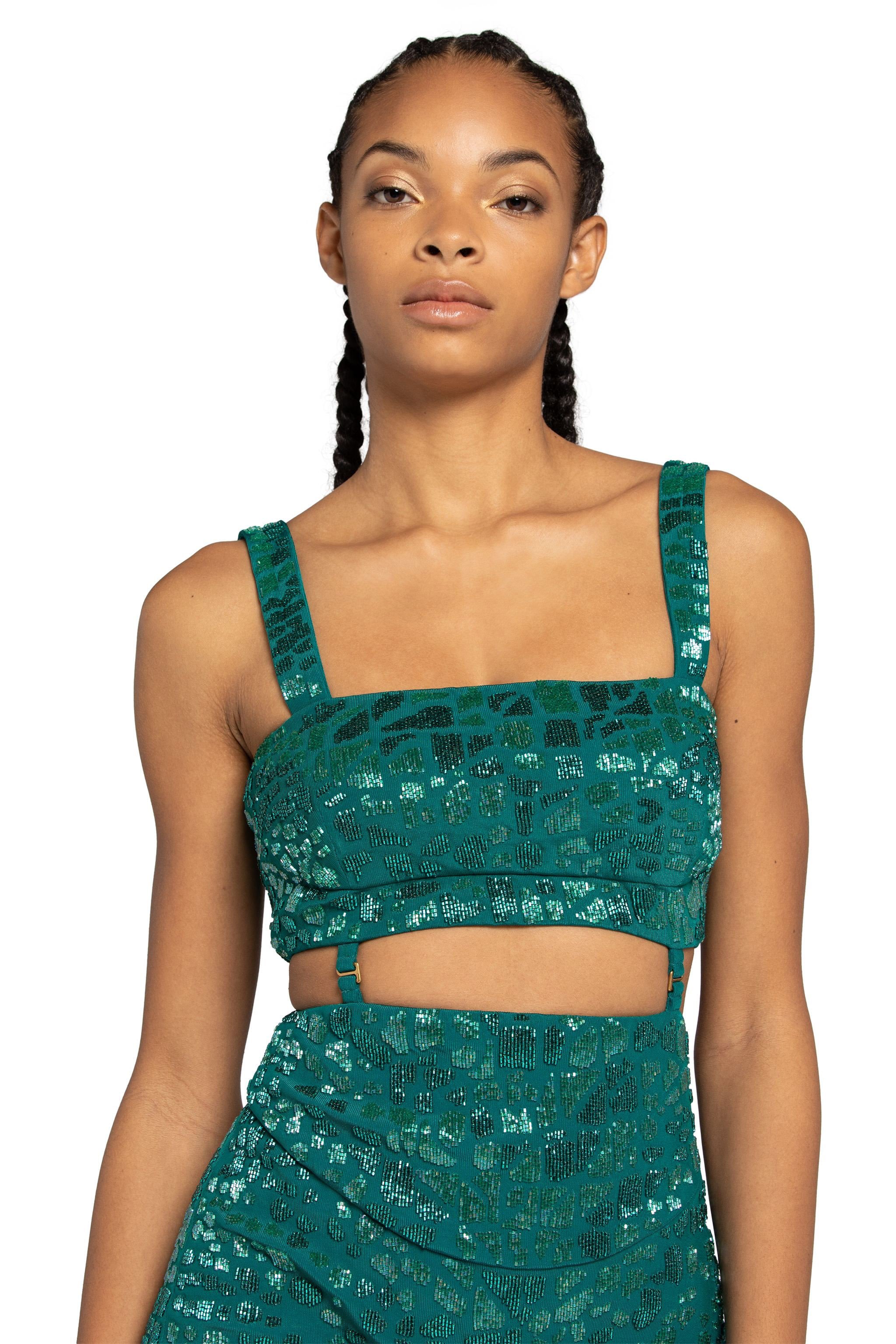 Shop Roberto Cavalli Leopard Bead-embellished Mini Dress In Green