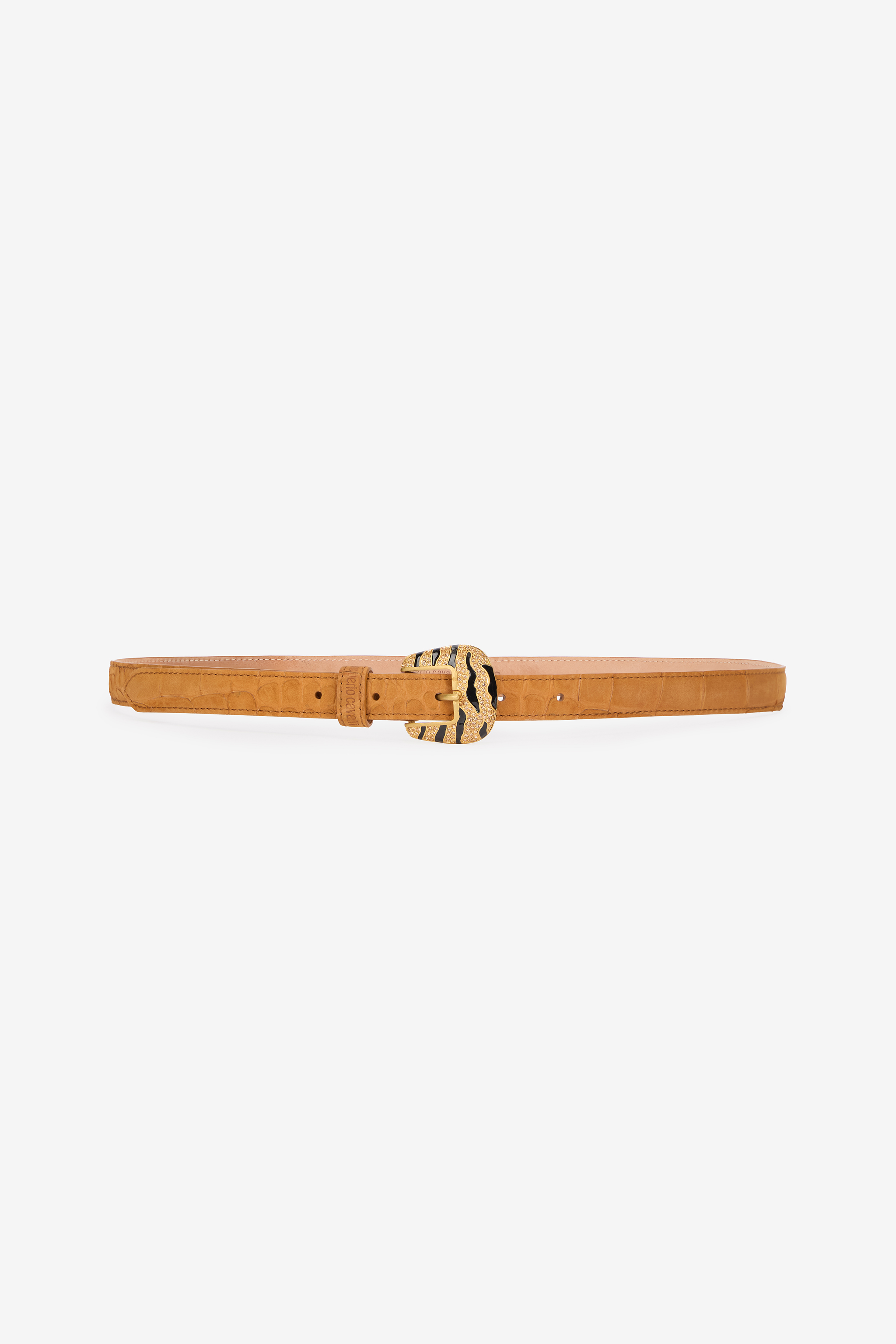 Roberto Cavalli Women's Brown Crocodile-Effect Belt With Bejeweled Buckle