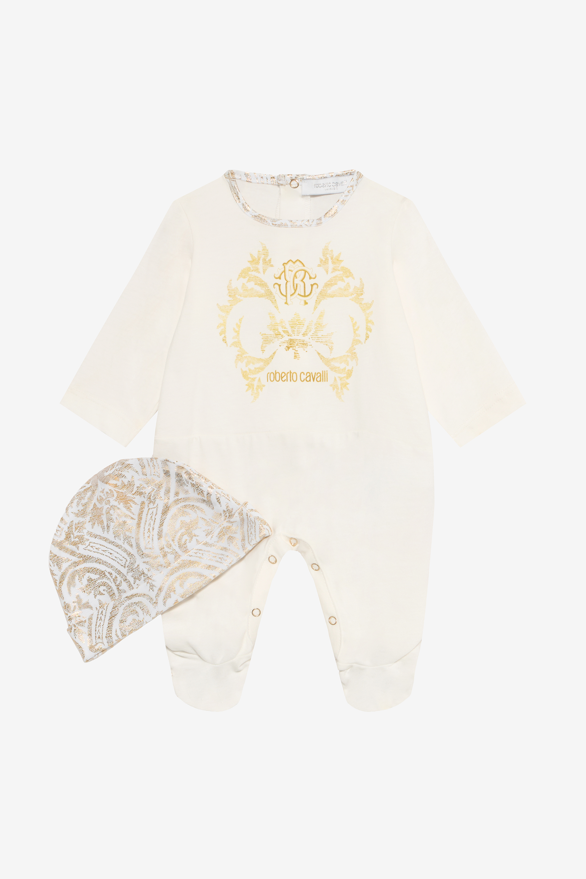 Roberto Cavalli Milk White Romper And Hat Set With Floral Print In Multi