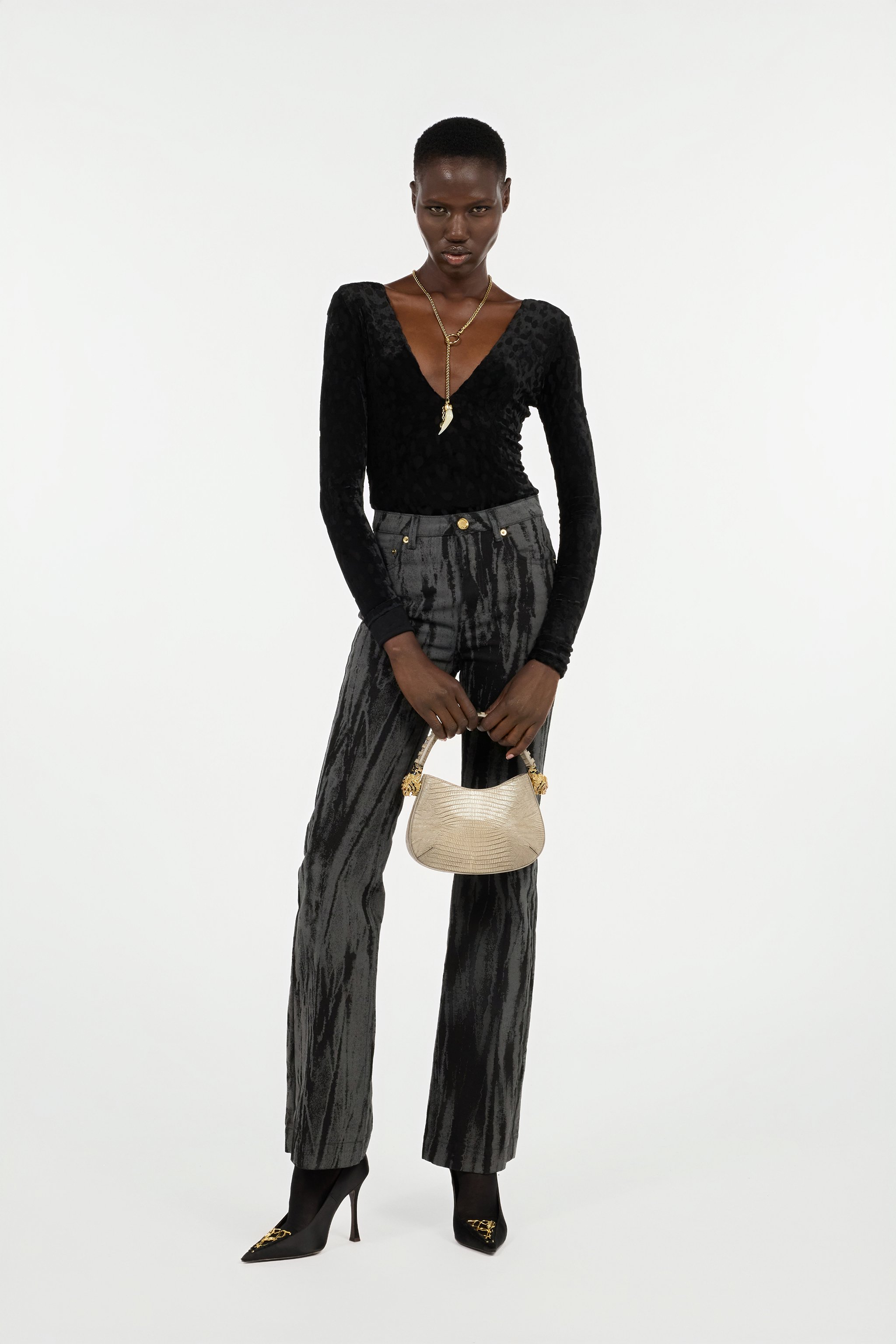 Roberto Cavalli Black Bodysuit With Jaguar Skin Pattern In Black