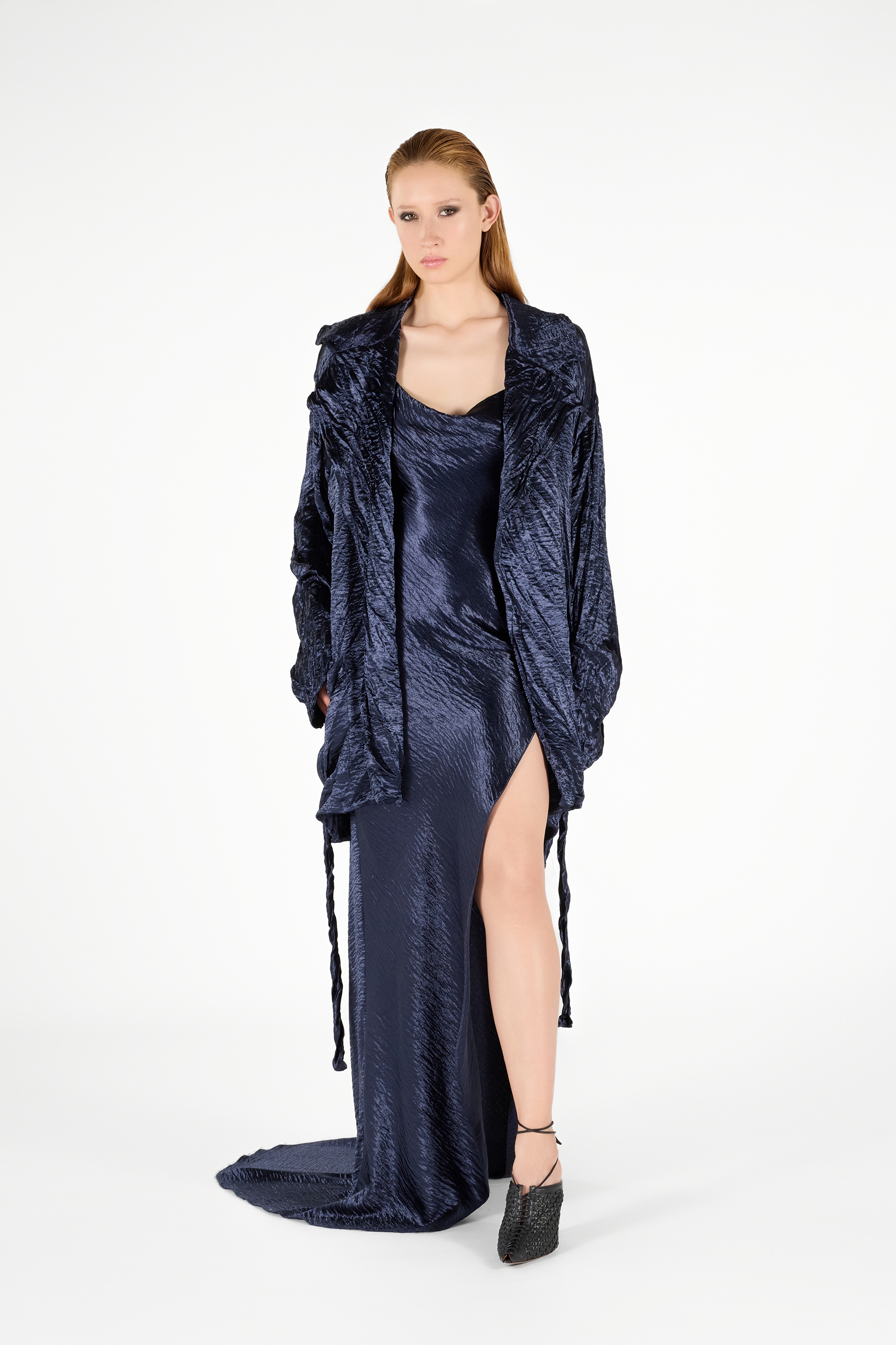 Roberto Cavalli Crinkle Effect Belted Jacket In Dark Blue