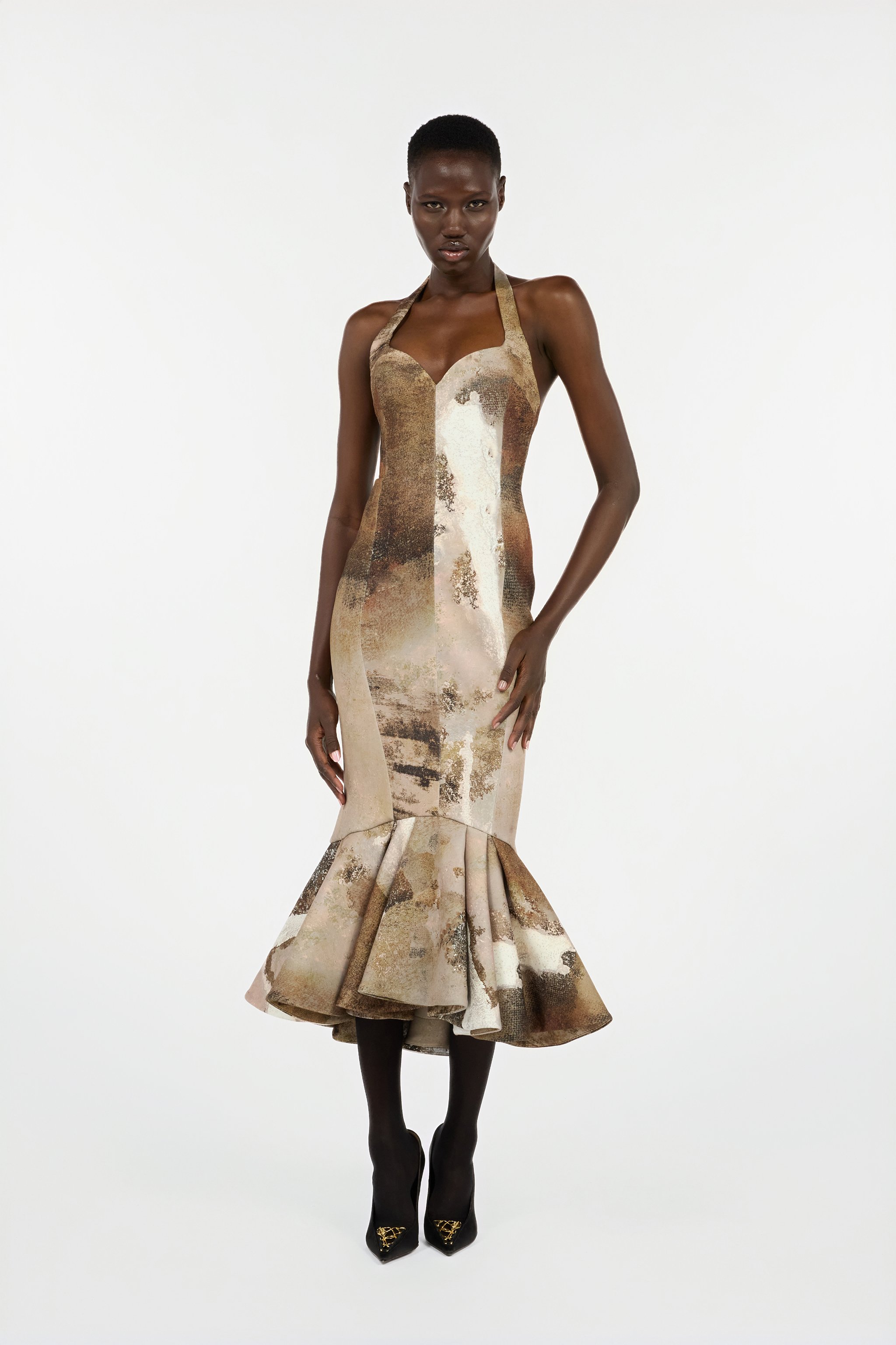 Beige Mermaid Dress With Marble Print