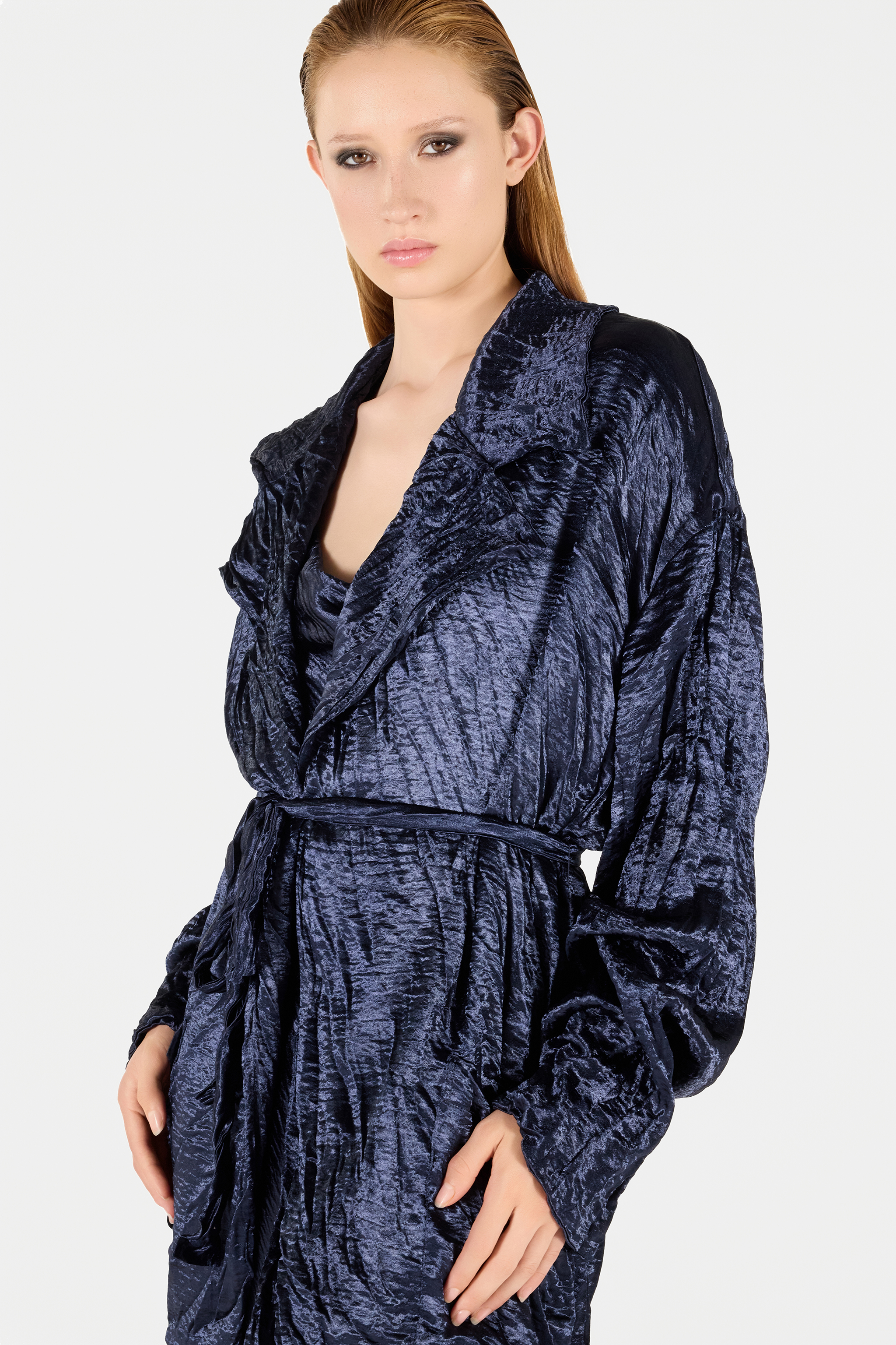 Roberto Cavalli Crinkle Effect Belted Jacket In Dark Blue
