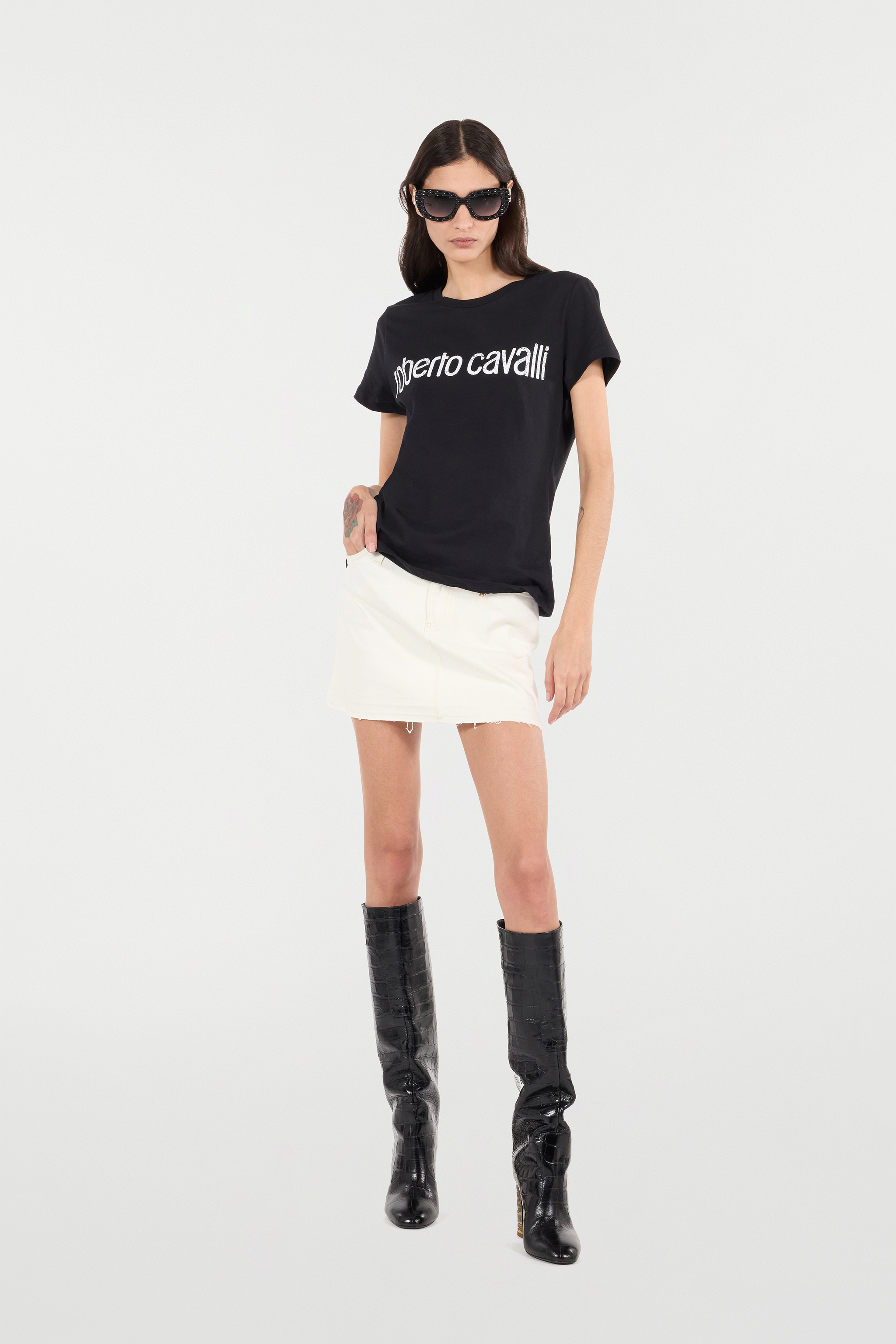 Roberto Cavalli Frayed Denim Miniskirt In Ivory