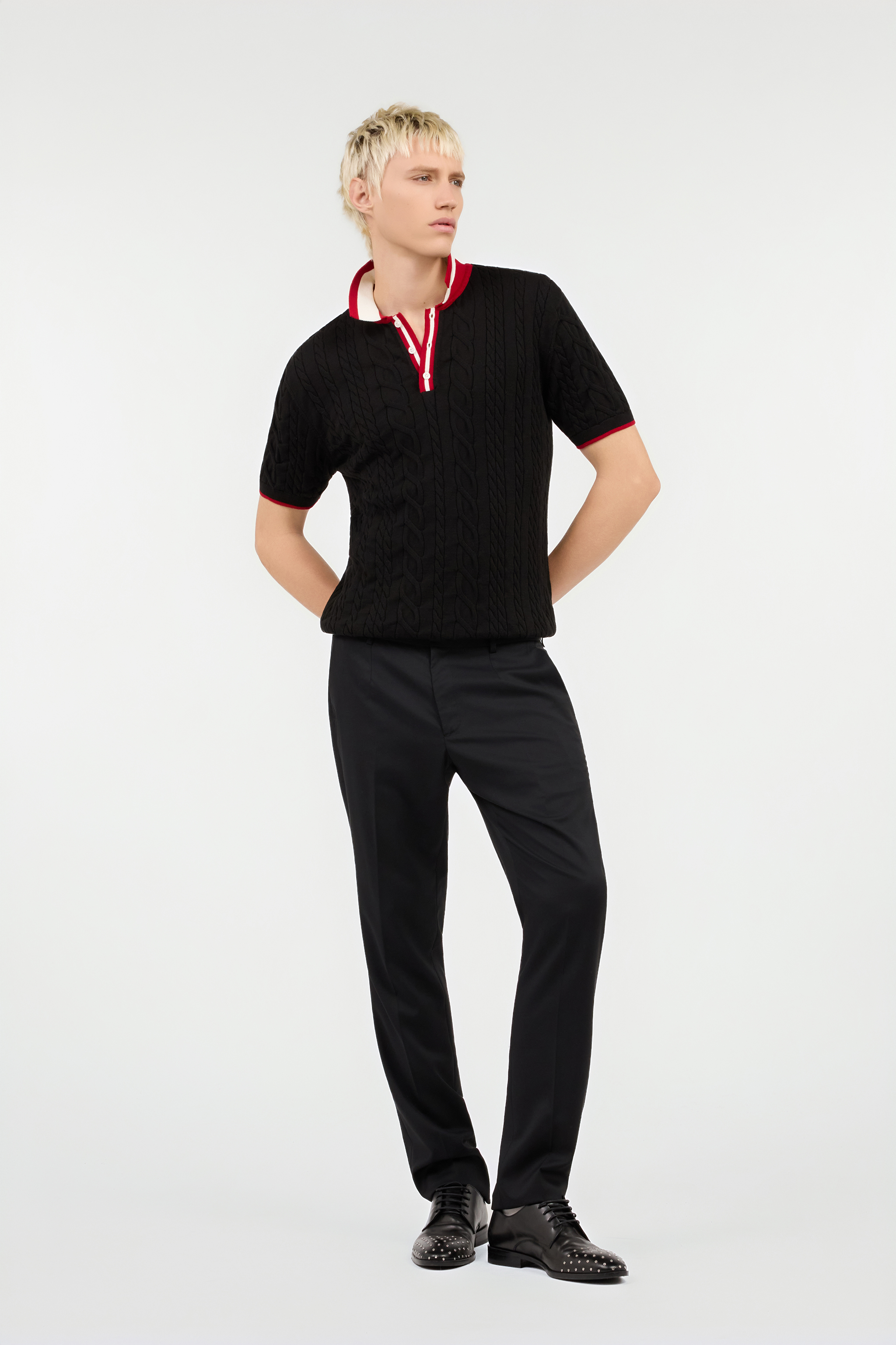 Black Cable Knit Polo With Contrast Trim