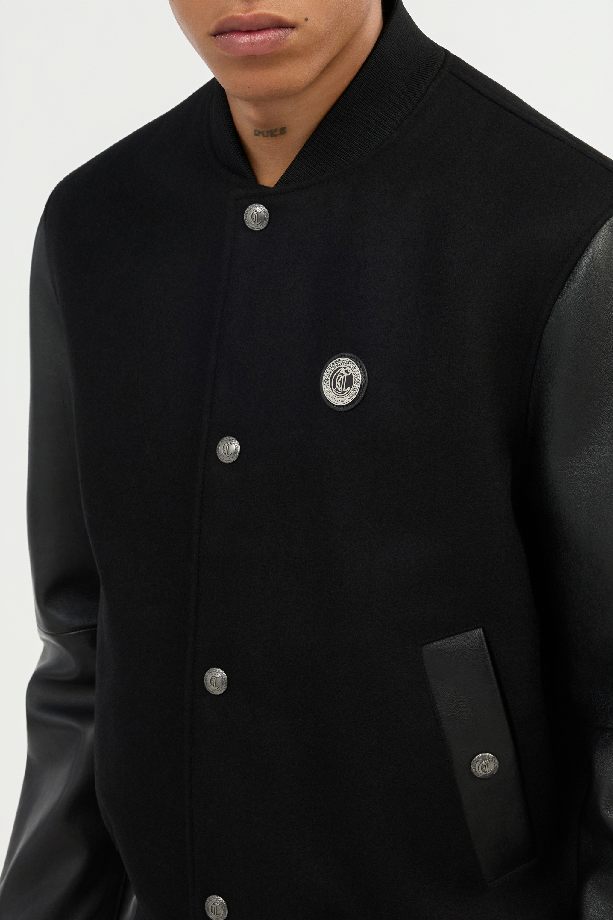 Black Bomber Jacket With Leather Sleeves