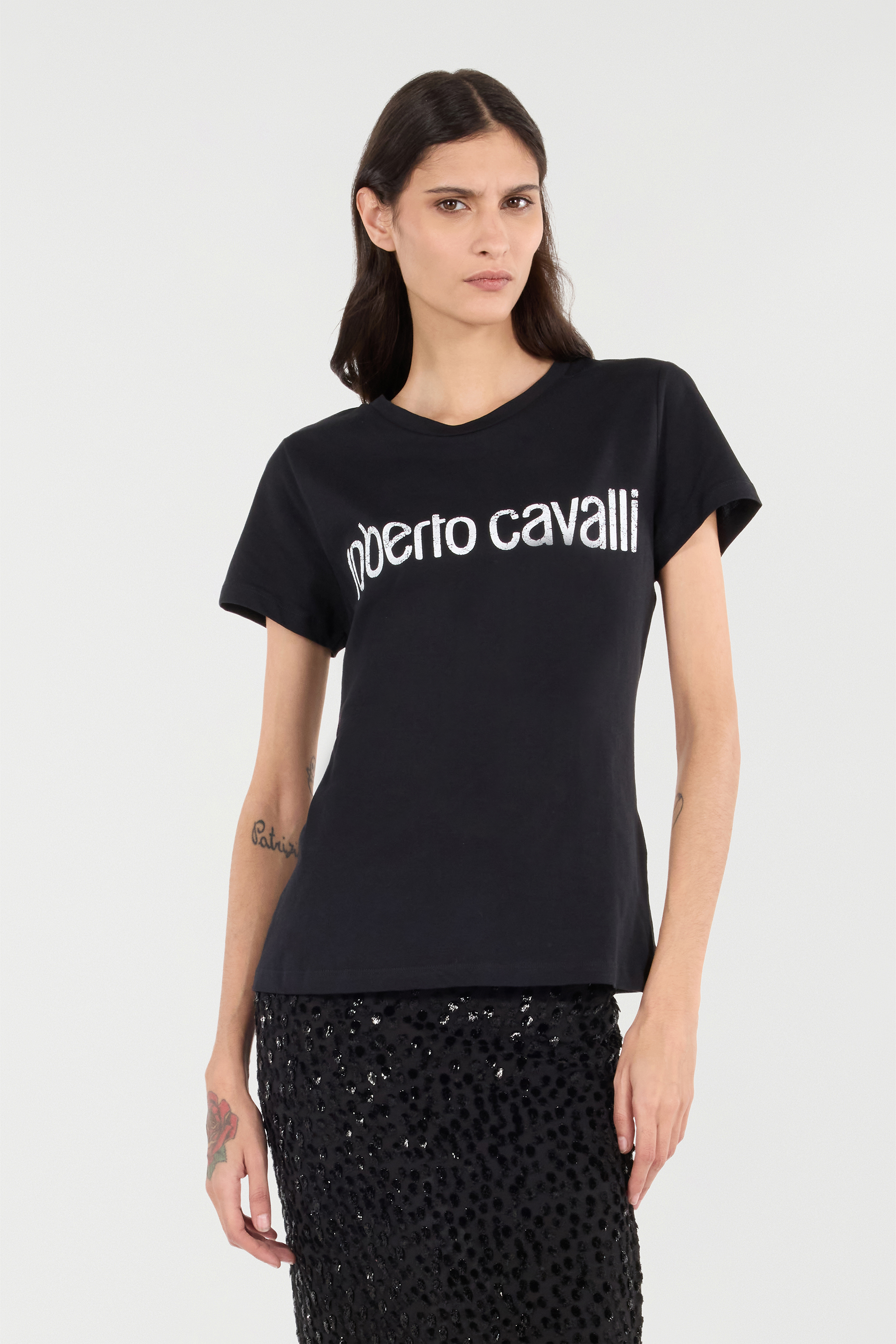 ROBERTO CAVALLI T-SHIRT MIT LOGO IM USED-LOOK